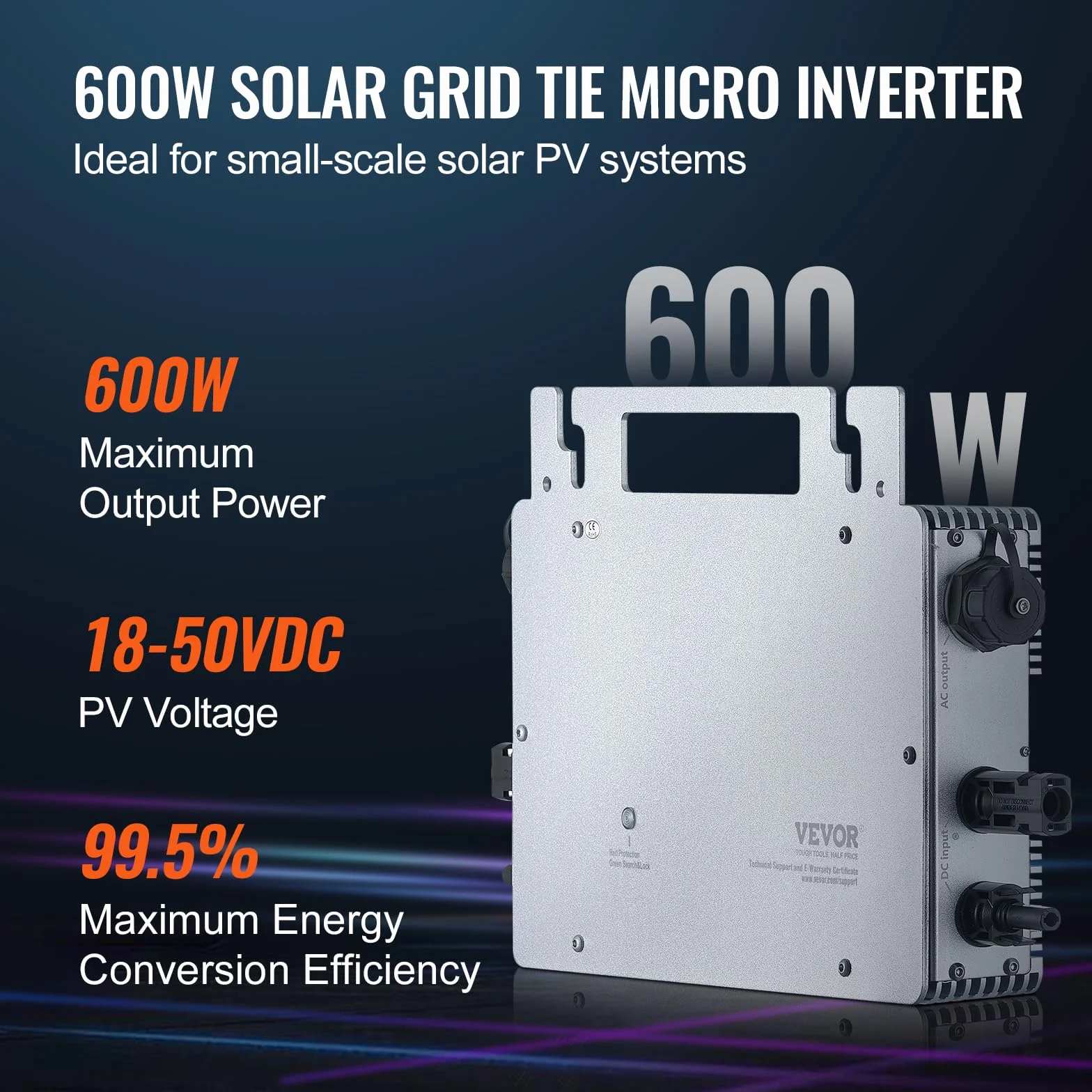 VEVOR Micro inverter per collegamento, 600 W, Micro inverter solare, IP67 Impermeabile Inverter per collegamento alla rete solare DC18-50V antenna WiFi APP, per sistemi di pannelli solari