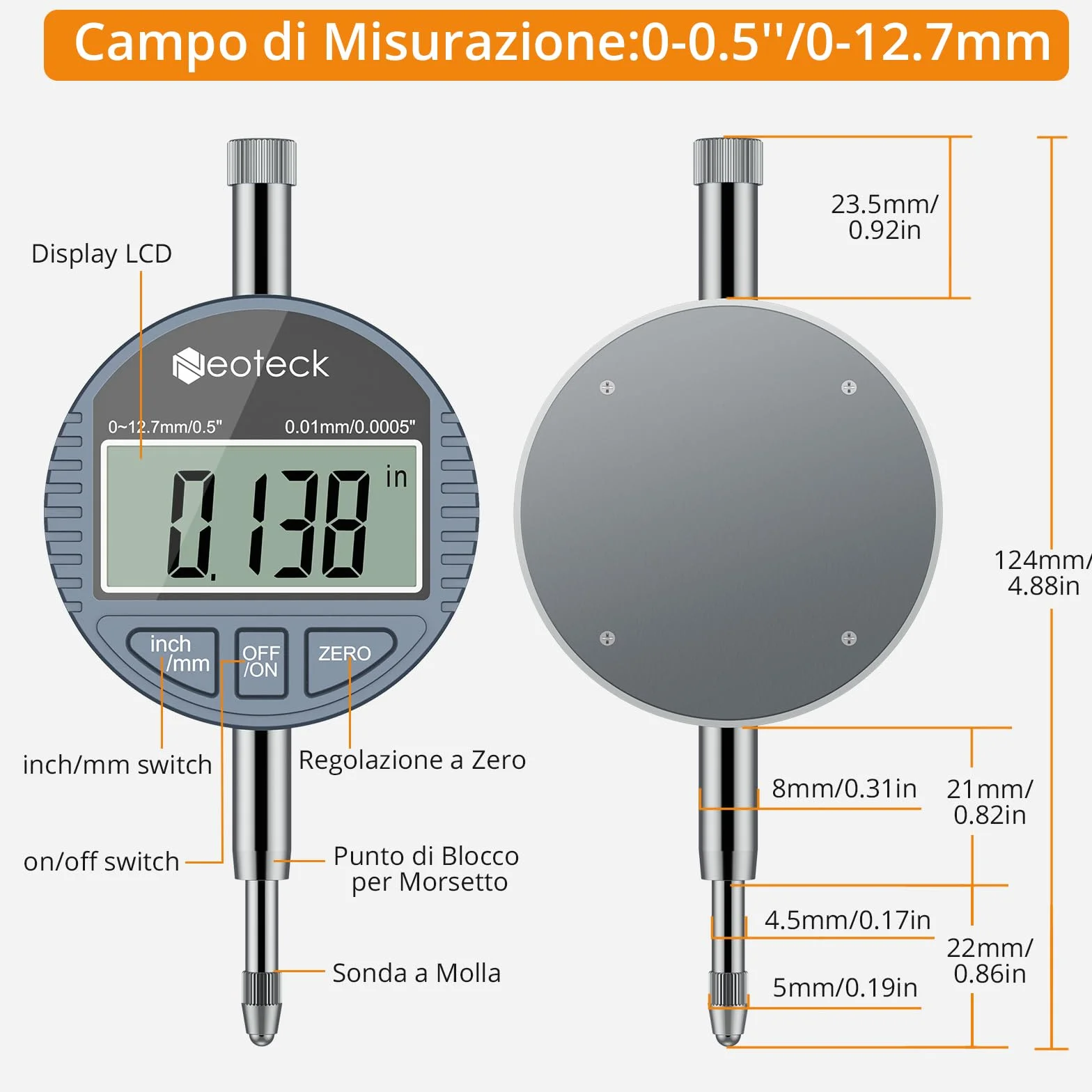 Neoteck Set di Comparatori per Alesaggio 18-160mm con Indicatore Digitale 0~12,7mm/0,5" e Custodia ABS