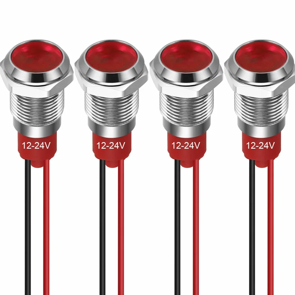 GUUZI 10mm Indicatore LED 12-24V Indicatore Luminoso Impermeabile Pannello in Metallo Indicatore LED Indicatore Luminoso Montaggio a Pannello Testa Piatta con Fili Guscio Argento (Rosso, 4 Pezzi)