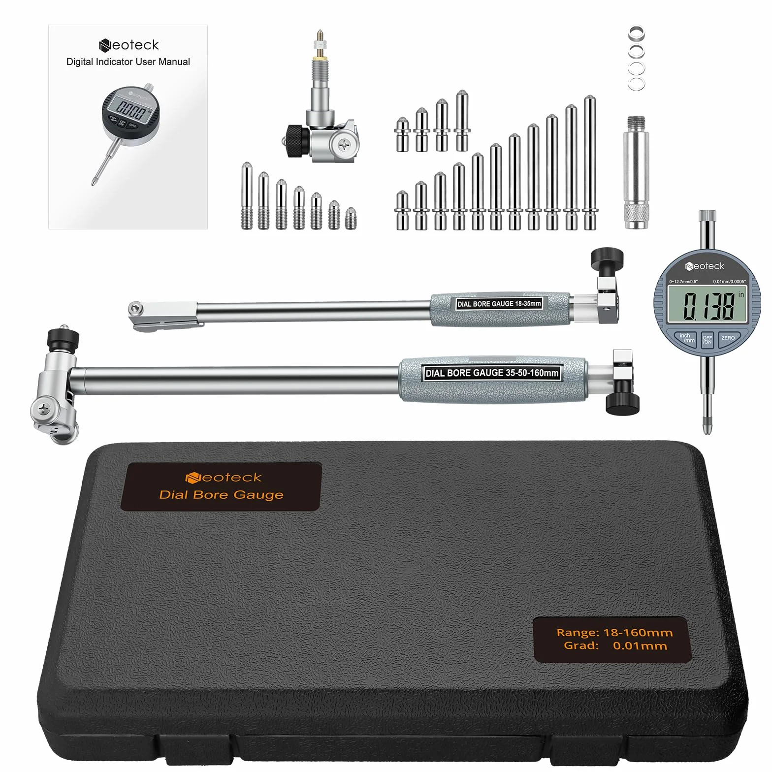 Neoteck Set di Comparatori per Alesaggio 18-160mm con Indicatore Digitale 0~12,7mm/0,5" e Custodia ABS