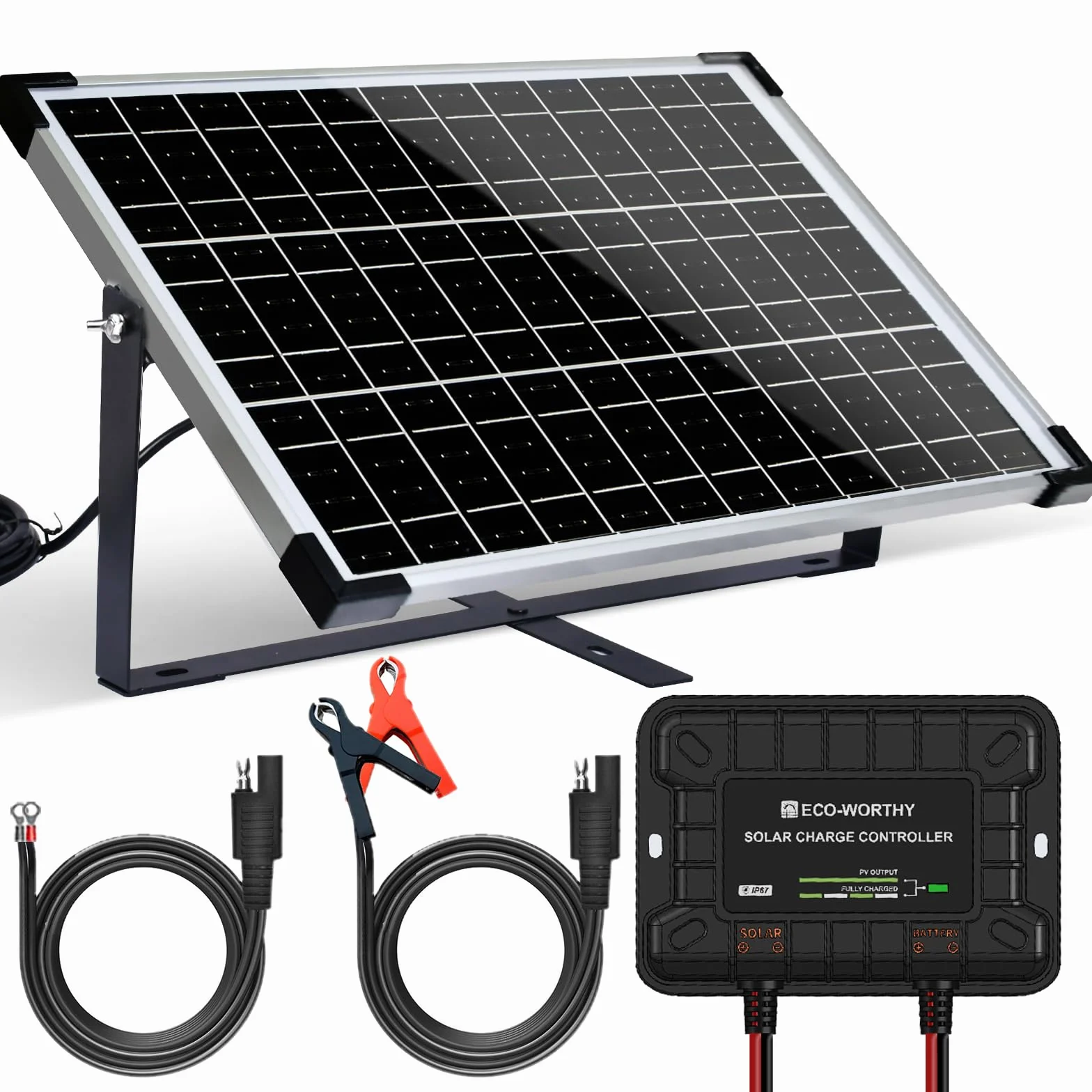 ECO-WORTHY Kit Pannello Solare Monocristallino da 25 W, 12 V, Pannello Solare da 25 W, Supporto Regolabile + Cavo di Collegamento SAE, Regolatore di Carica per Giardino, Casa e Barca Marina