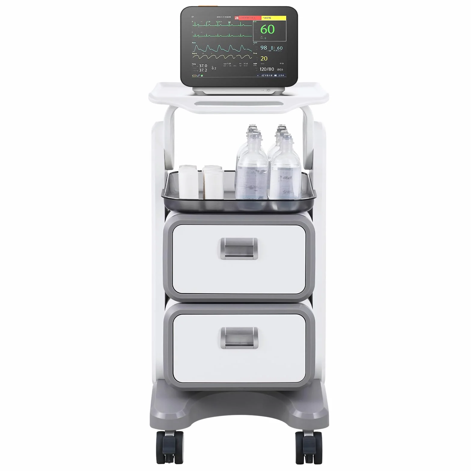 VEVOR Carrello da Laboratorio 3 Ripiani, Carrello Portaoggetti Medico Mobile con 2 Cassetti 1 Vassoio, ABS, 4 Ruote