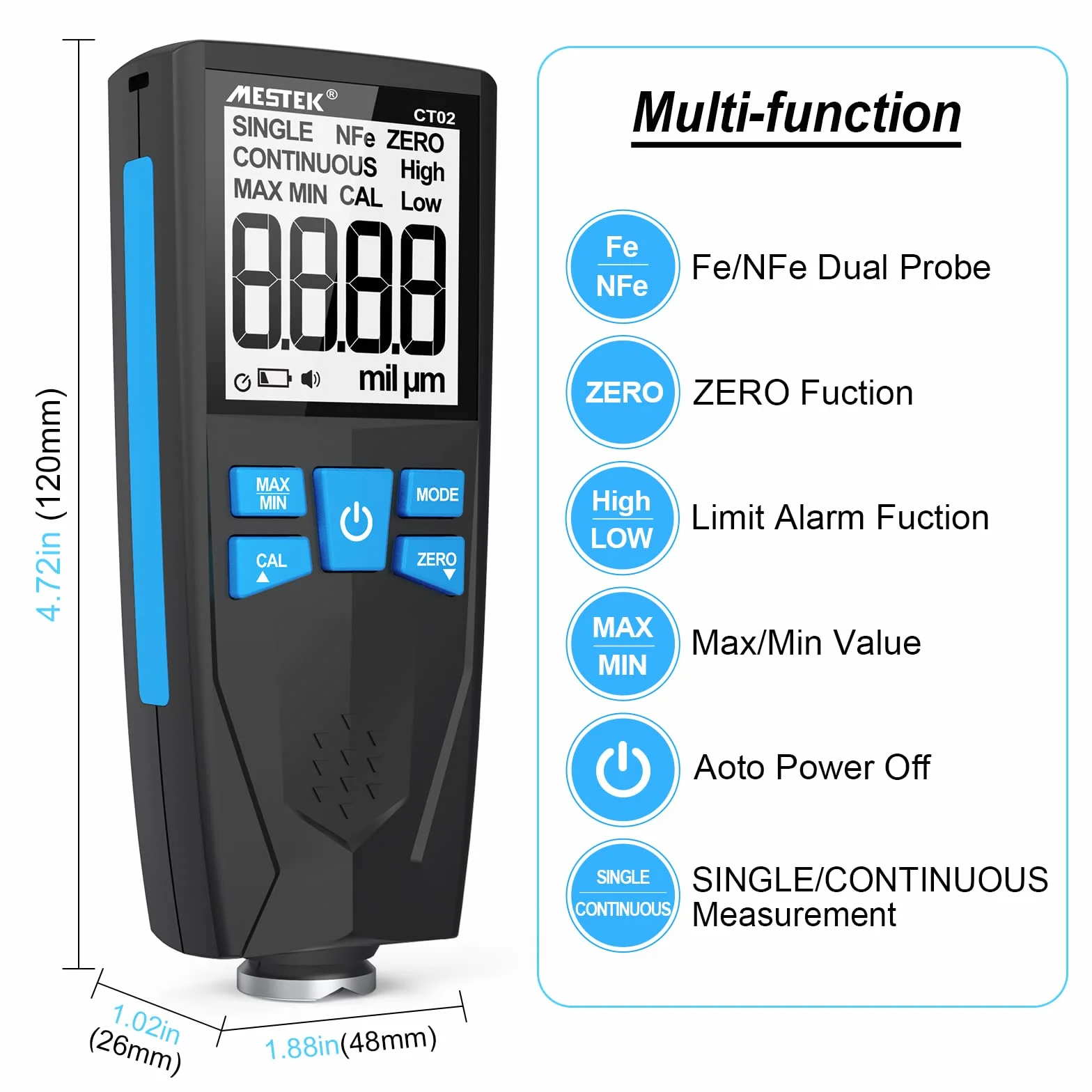 MESTEK Spessimetro Vernice Misuratore di Spessore del Rivestimento 0-1500um LCD-Display 2 Messmodi Hoch/Tief Alarm