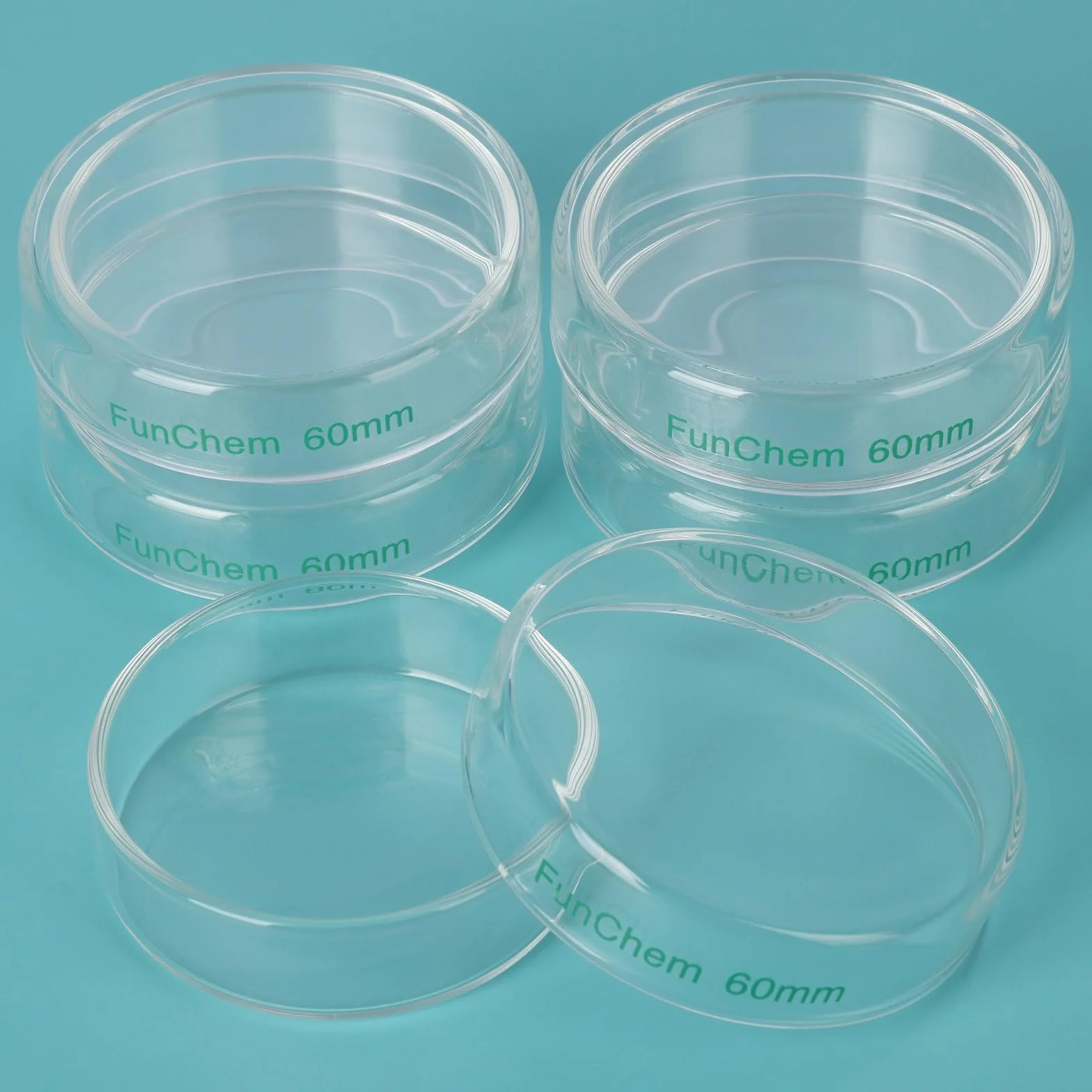 FunChem Capsula Petri in Vetro Borosilicato con Coperchio Trasparente per Test e Osservazioni di Laboratorio - Diametro Esterno 60 mm, Confezione da 5