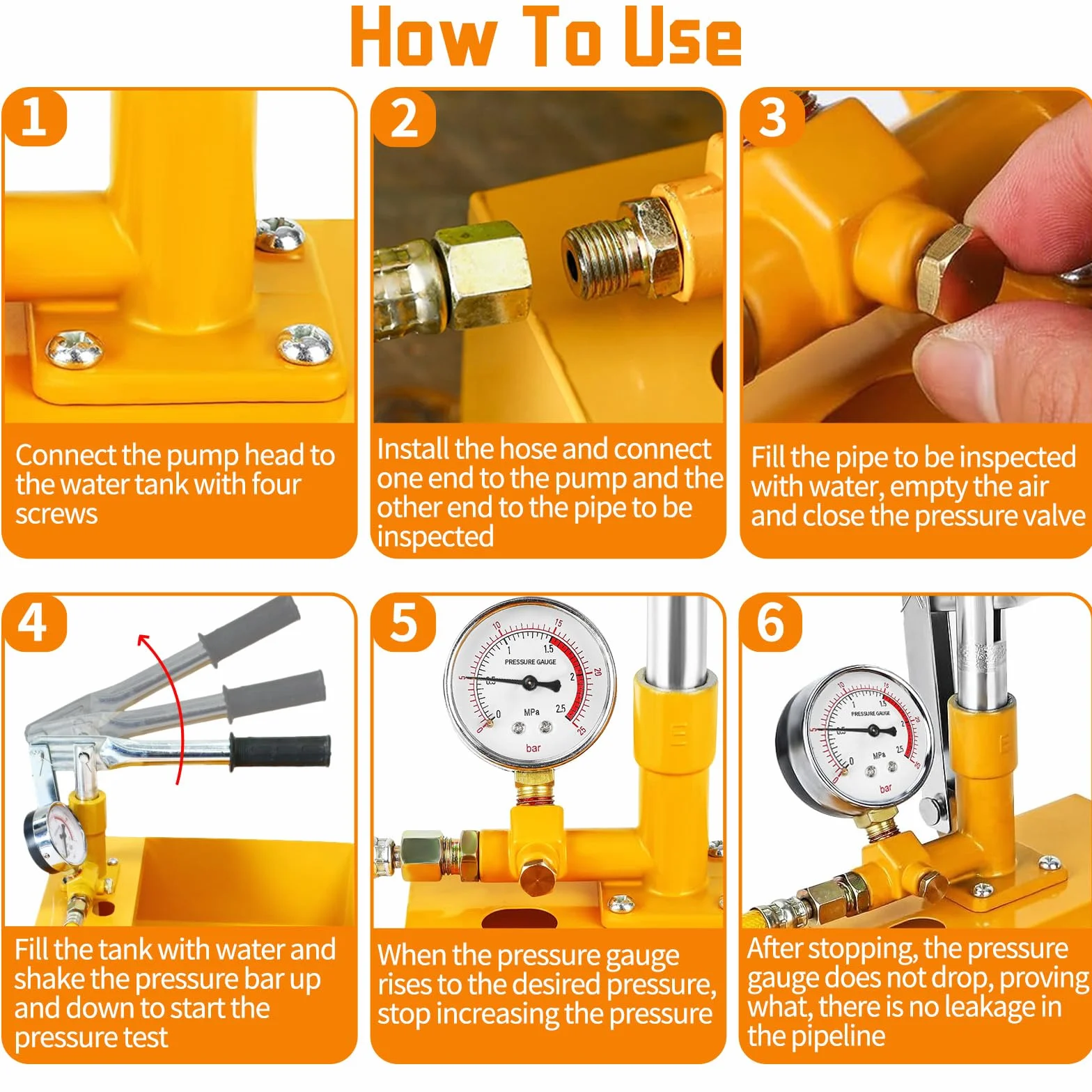 5 Litri 0-25 Bar Pompa Prova Pressione Manuale con Tubo Metro 1, 25KG Strumento Testaggio Idraulica per Tubazioni, Tester Pressione Acqua per Recipienti Pressione, Via Navigabile, Valvole(Giallo)