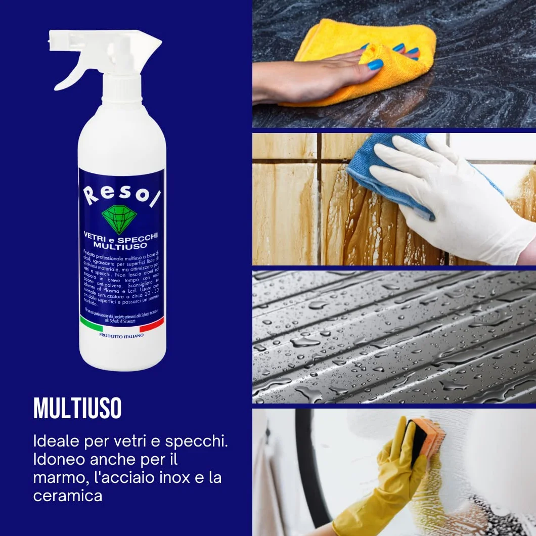 RESOL Spray vetri 750ml Detersivo vetri Igienizzante professionale Detergente vetri azione antipolvere