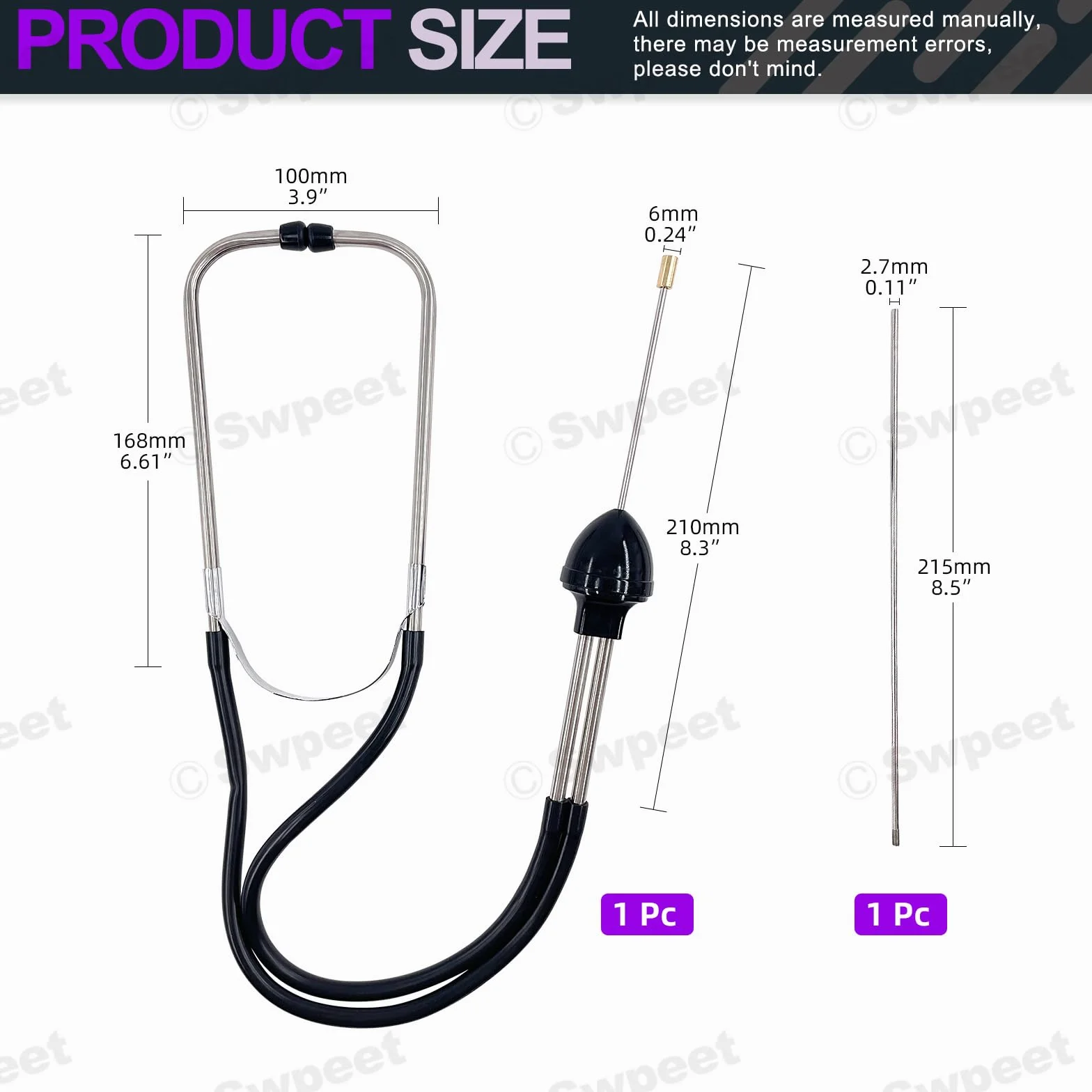 Swpeet 2Pcs Automotive Acciaio Inox Cilindro Meccanico Stetoscopio Motore Kit include Gomma Buds Sonda Tubo, Strumento Diagnostico per Auto, Camion e Moto, Motore Tester (Nero)