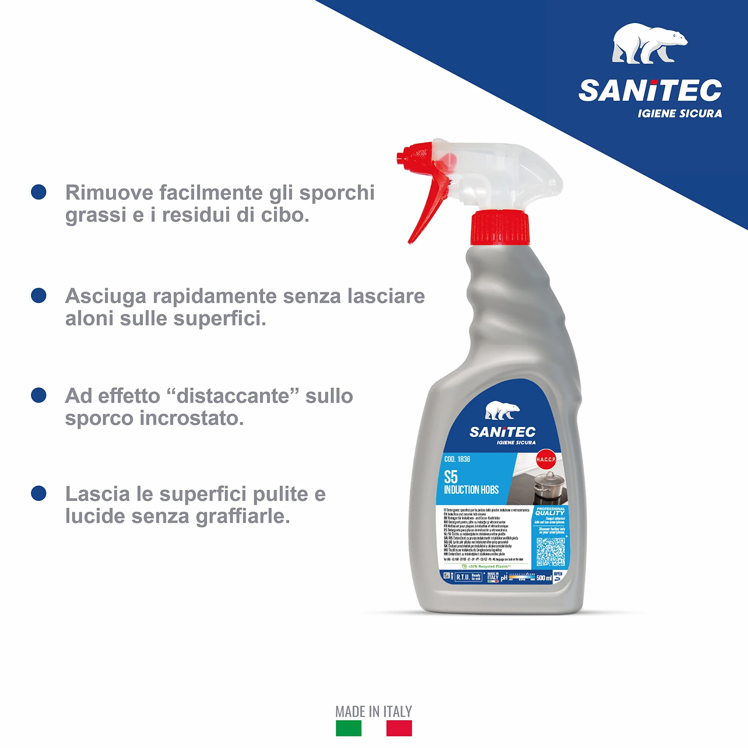 Sanitec, S5 Induction Hobs, Detergente ad Effetto Distaccante per la Pulizia dei Piani di Cottura, in Vetroceramica e Induzione, Rimuove Facilmente Sporchi Grassi, Made in Italy, Flacone 500 ml