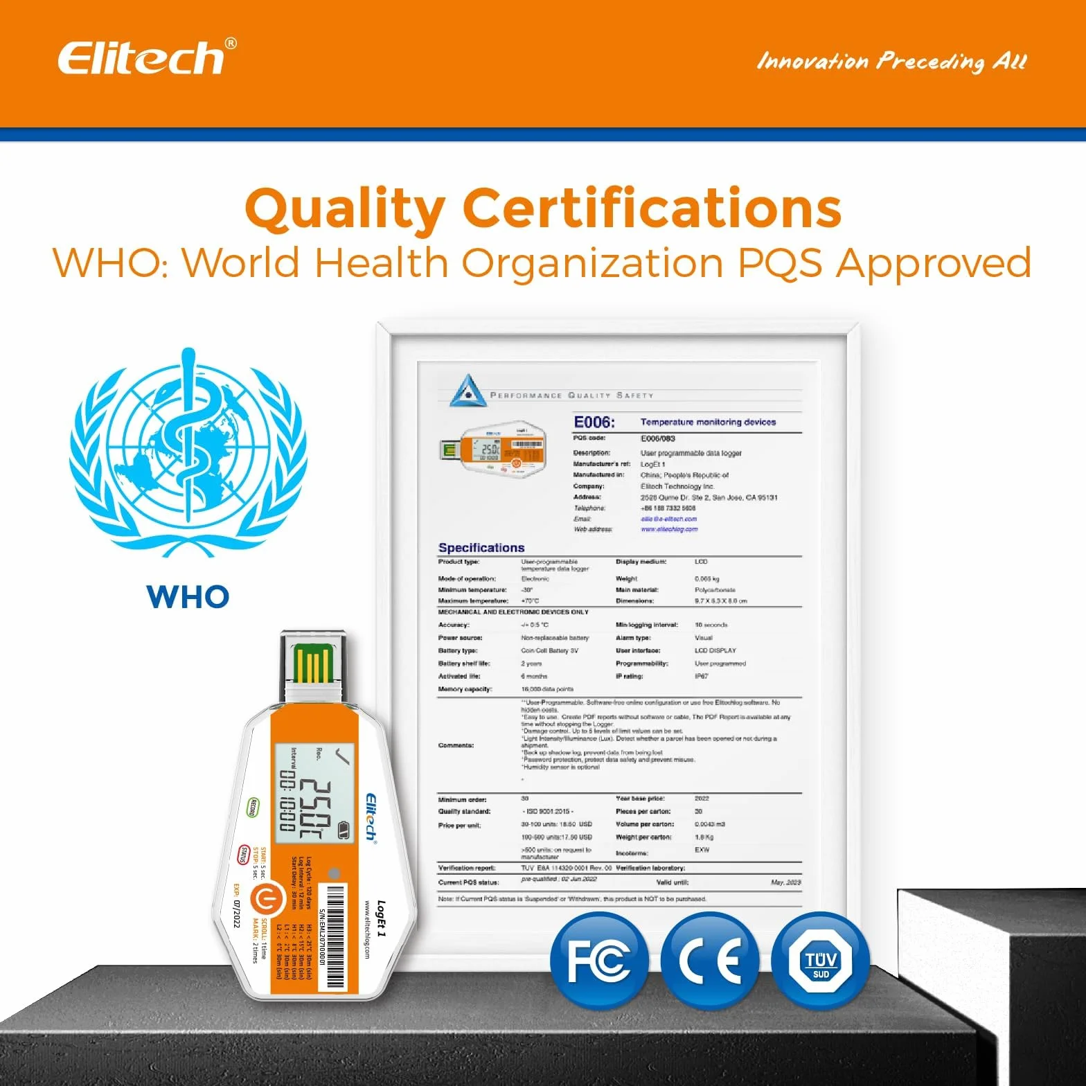 Elitech Registratore di Temperatura USB Monouso WHO PQS Calibrazione Report PDF 120 Giorni Trasporto e Display LCD Per Catena del Freddo LogEt1 – 1 Pezzo