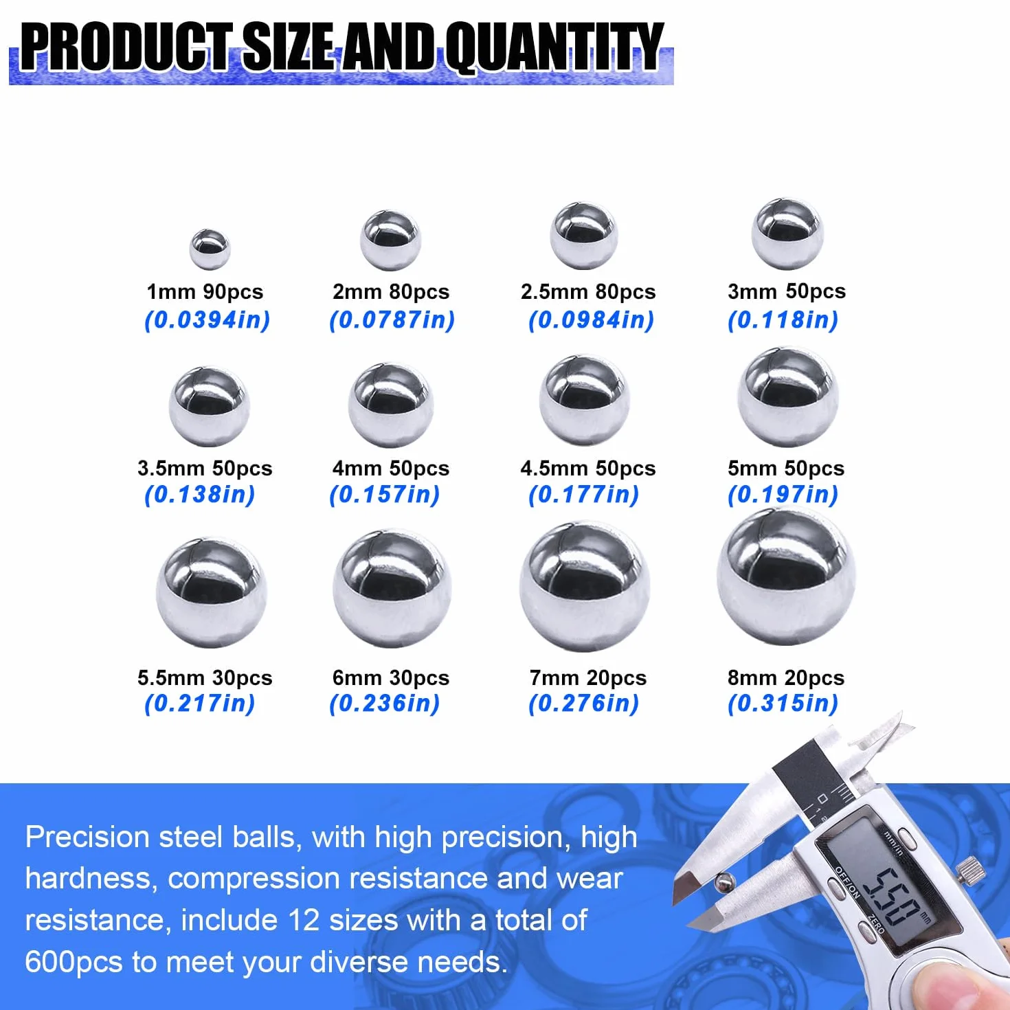 Taiss 600pcs 12size 1-8mm sfere acciaio, sfere acciaio per cuscinetti, sfere dell'acciaio inossidabile per le sfere d'acciaio di precisione della ruota della bicicletta di montagna