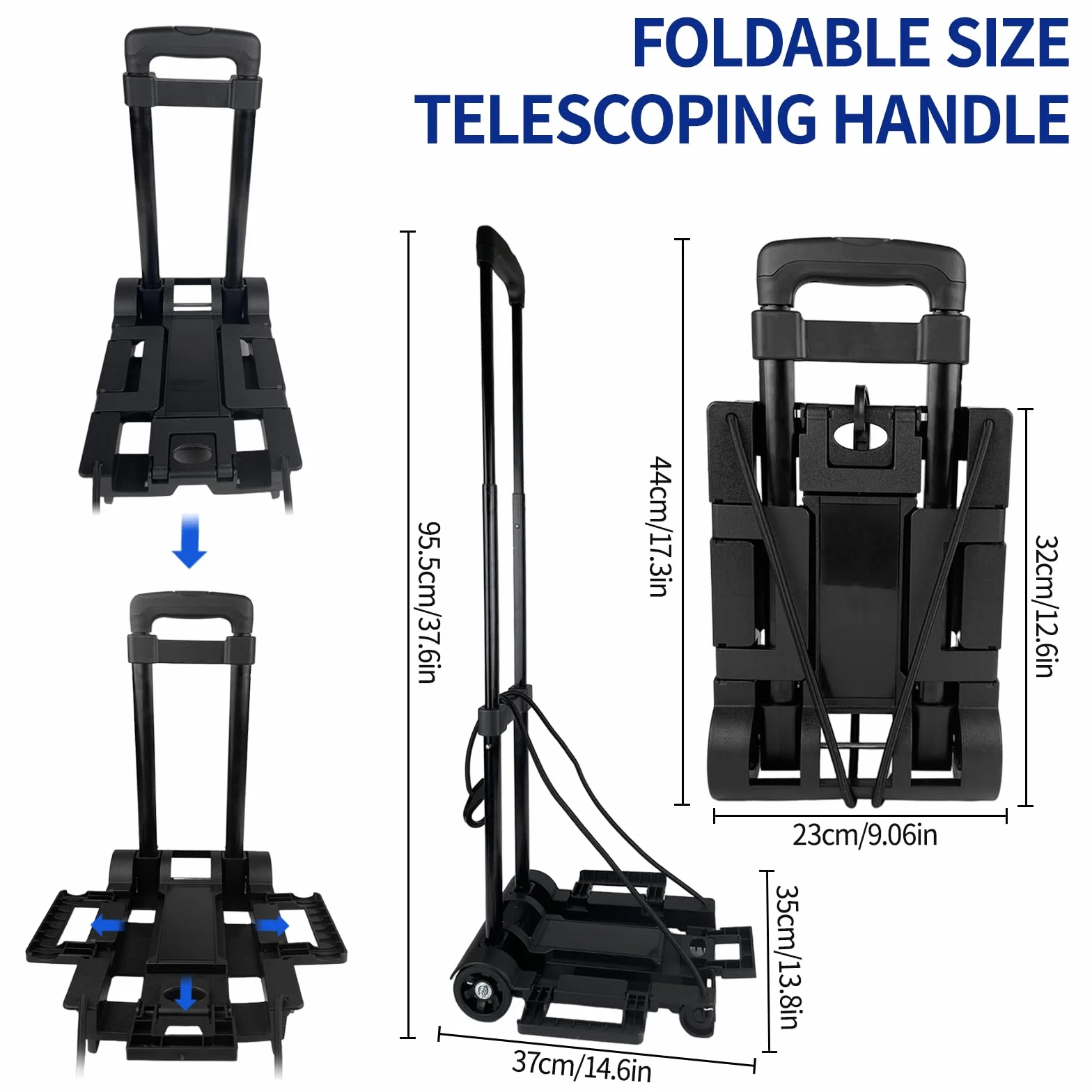 Carrello Pieghevole in Alluminio, Portatile Carrello per Trasporto, Portata Massima 65kg, Manico Telescopico Lungo 95.5 cm, Dimensioni Piattaforma 35 * 36 cm Ideale per Viaggi, Traslochi