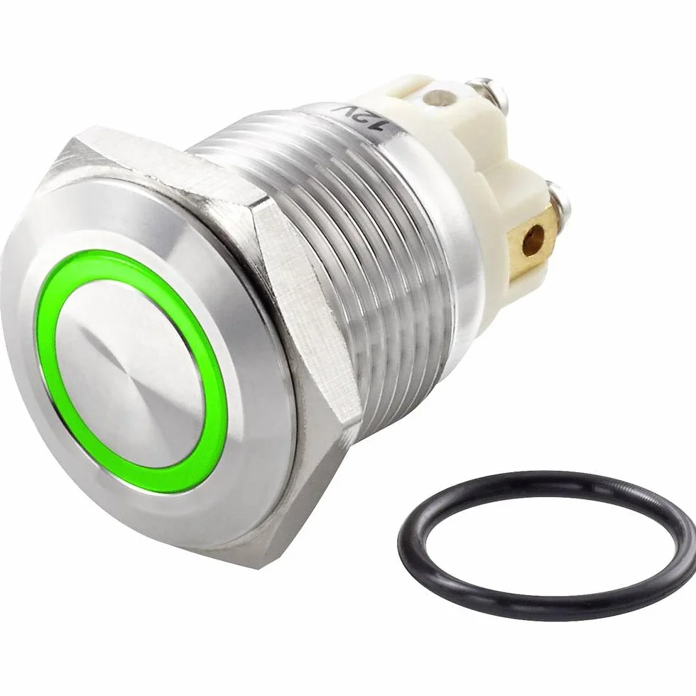 TRU COMPONENTS TC-7494692 TC-GQ16F-10E/L/G/12V/S Pulsante antivandalo 48 V/DC 2 A 1x Off / (On) Momentaneo Verde IP65 1