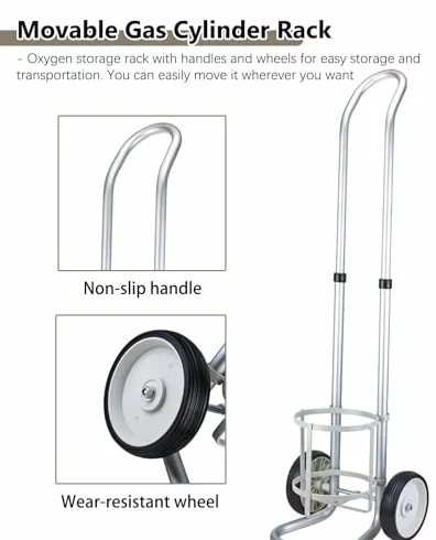 Carrello per bombole di ossigeno, carrello portatile per serbatoio di ossigeno con maniglia, piccolo scaffale a 2 ruote per il trasporto di bombole di gas