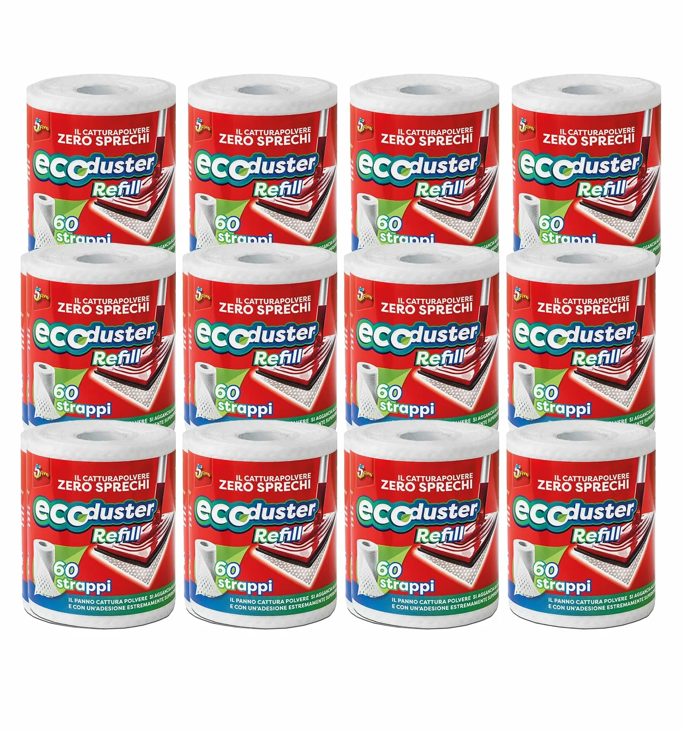 SUPERFIVE, Ecoduster Refill, Ricambio Catturapolvere in Rotolo, Panno Cattura Polvere, Rotolo 60 Strappi, 12 Pack