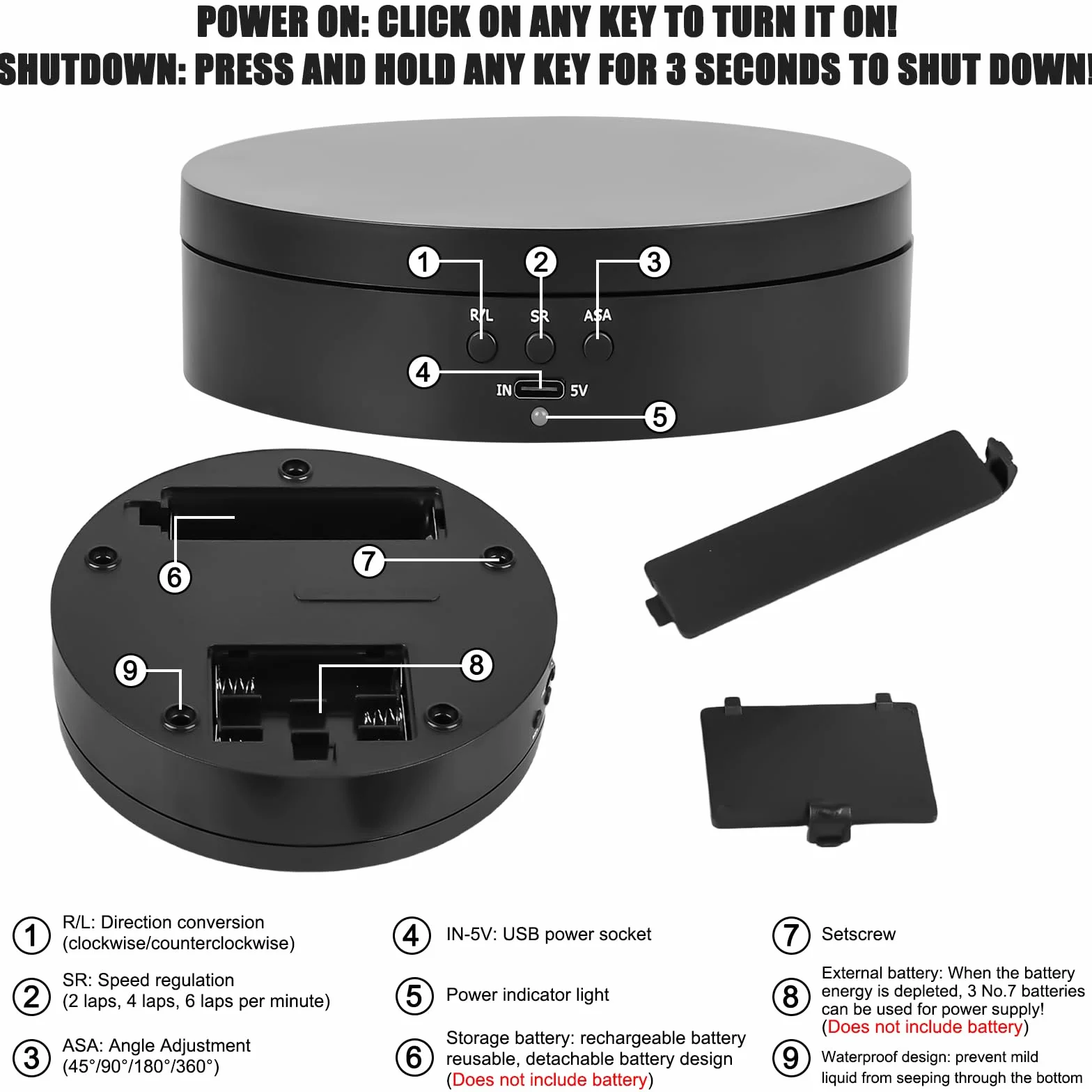 Elettrico: supporto per display girevole da 13,8 cm per fotografia, piattaforma di rotazione automatica a 360°, 3 velocità, ricarica USB