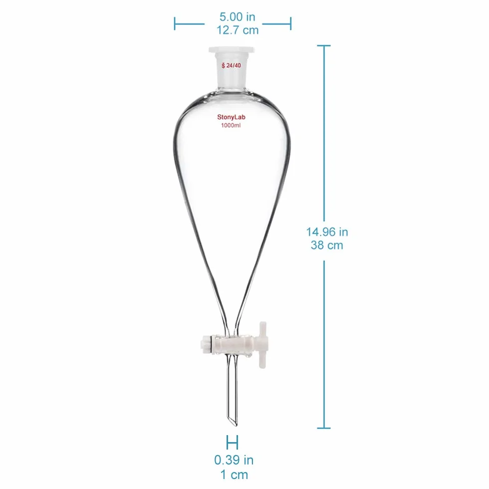 StonyLab 1000ml Imbuto Separatore Conico in Vetro, Separatory Funnel Borosilicato a Parete Pesante con 24/40 Giunti e Rubinetto in PTFE - 1L (1 Litro)