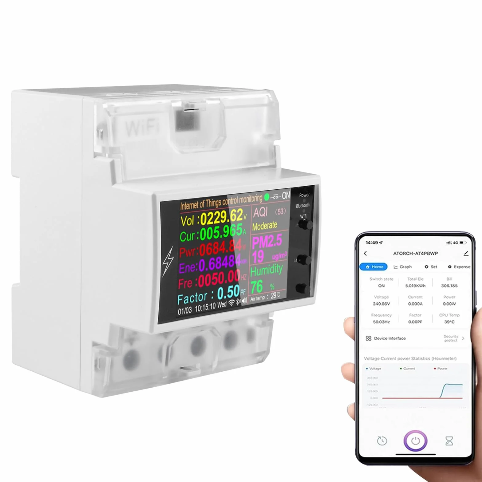 Diymore Misuratore di Energia 100A WiFi Din Rail Telecomando per interruttore intelligente,Monitor del consumo di energia digitale,Misuratore di fattore di frequenza AC85-265V Digital Volt Amp Kwh
