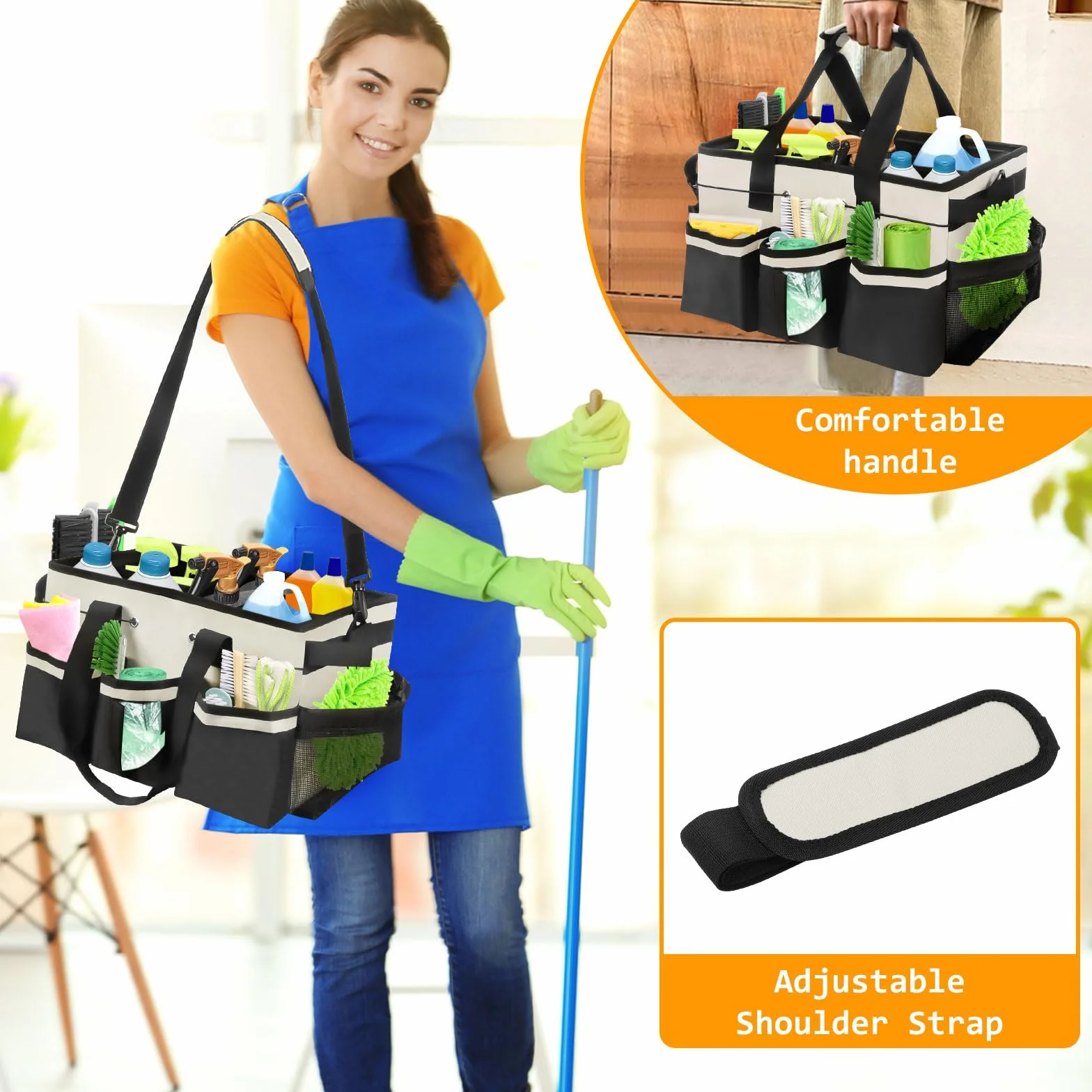 Cesto Per La Conservazione Dei Prodotti Per La Pulizia,Cestino Porta Attrezzi con 5 Tasche Esterne, Organizer Per Pulizie in Tessuto Oxford, Impermeabile, con Spallacci Regolabili (Bianco)