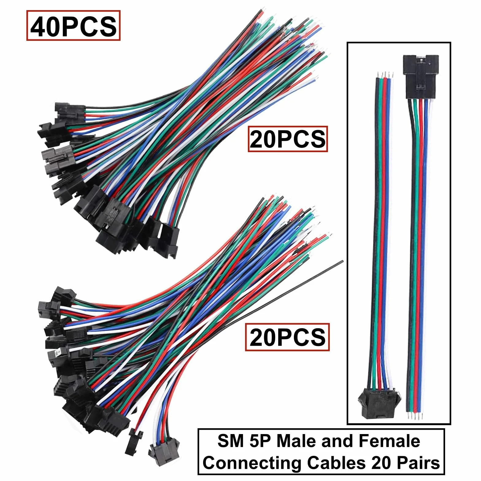 HUAZIZ 20 Pairs 15 cm JST SM 5-Pin Plug Maschio a Femmina Cavo EL Cavo Adattatore, 22 AWG JST 5-Pin Adattatore Micro Elettrico Spina Connettore Maschio e Femmina