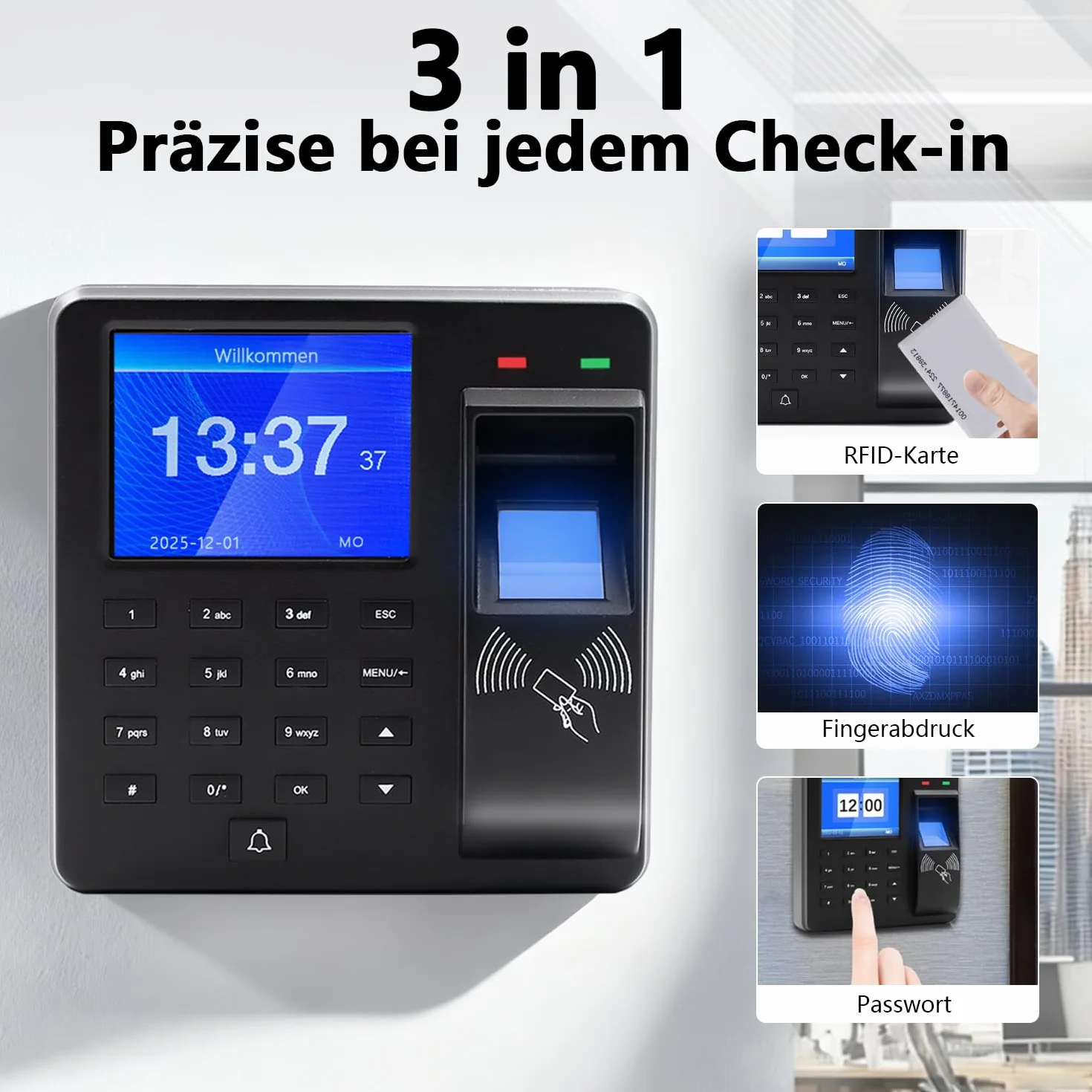 Sistema di rilevamento del tempo per piccole imprese, dispositivo di rilevamento del tempo 3-in-1 con impronta digitale, password e lettore di carte, capacità impronte digitali 1000, sistema di