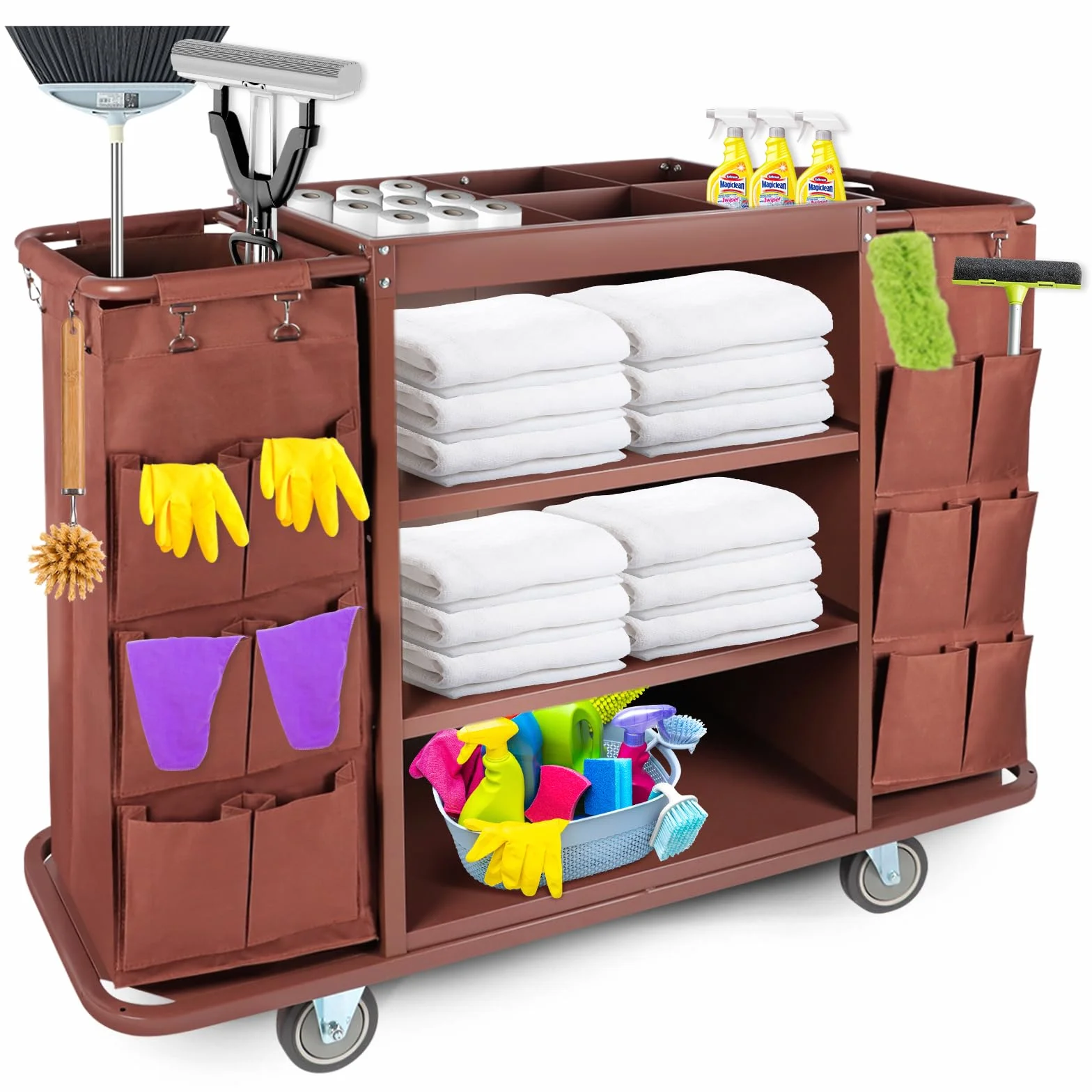 EBANKU Carrello multifunzionale per hotel, carrello per pulizie commerciali e carrello per pulizie con sacco capiente e ruote