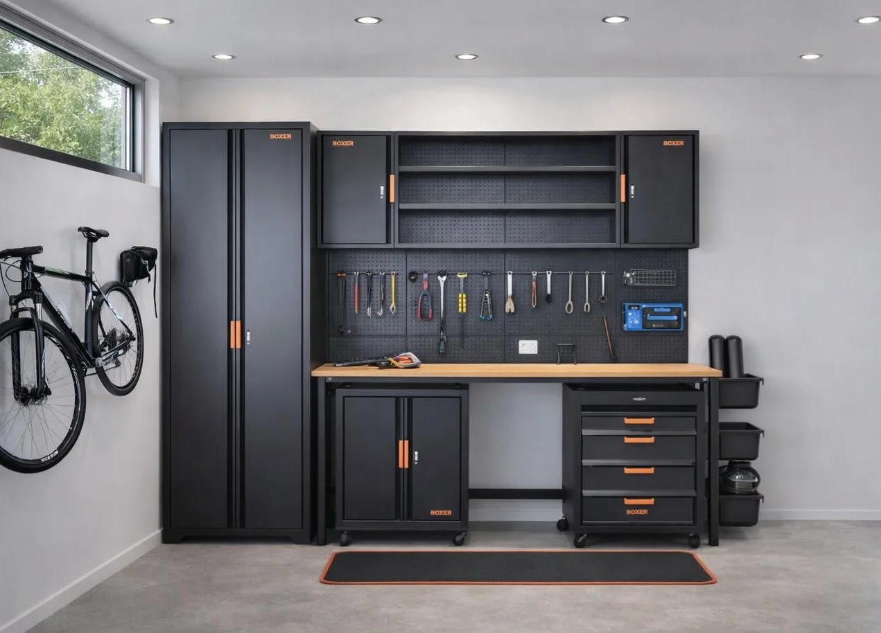 Set di postazione da lavoro Boxer® - Attrezzatura per officina - incluso banco da lavoro, armadio alto, armadio superiore, carrelli e pareti per utensili - piedini regolabili in altezza - per garage e