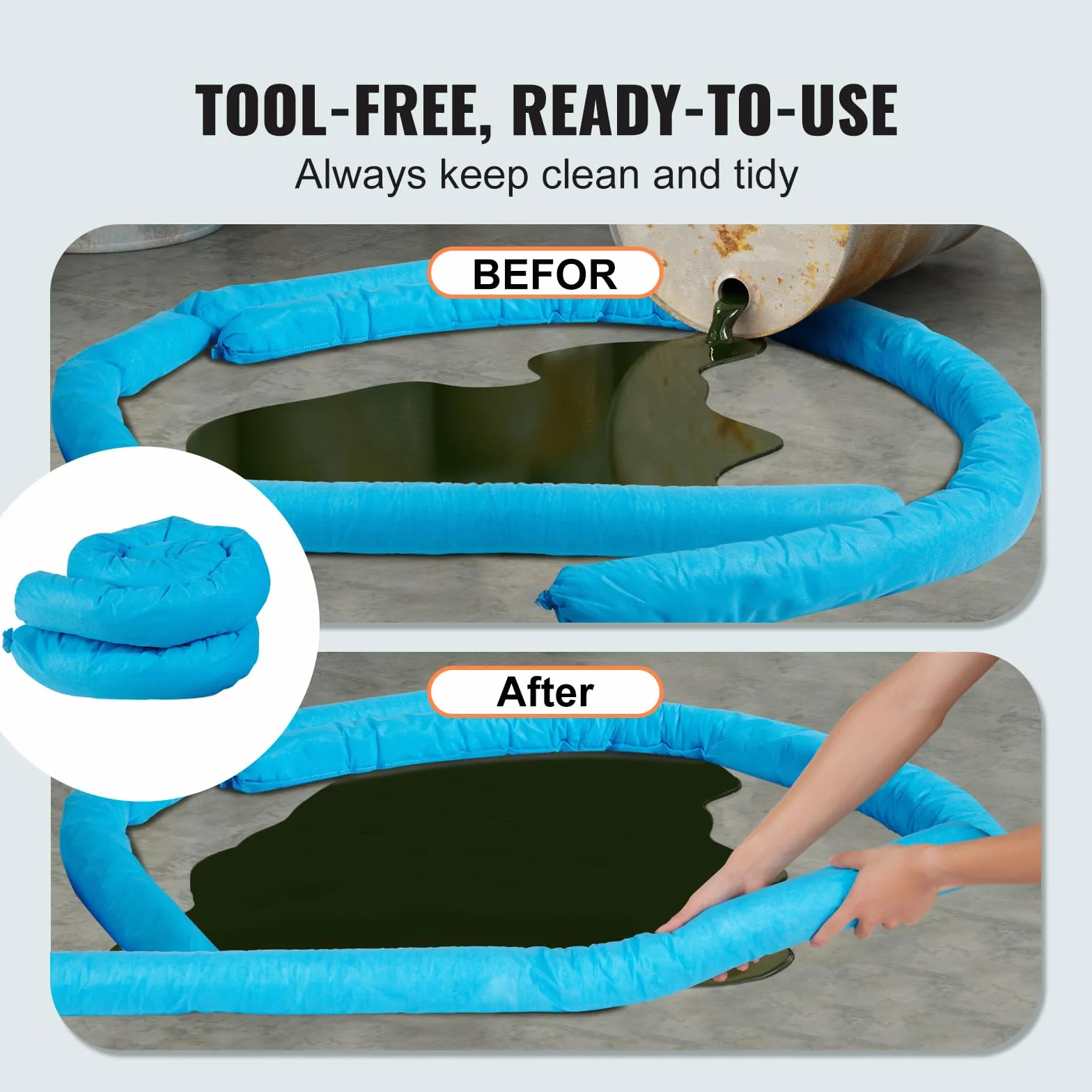 VEVOR Calzino assorbente universale, Serpente assorbente dell'acqua, Capacità 20 galloni, 3" x 47,24" Calzino per controllo delle fuoriuscite resistente alla muffa, 12 pezzi