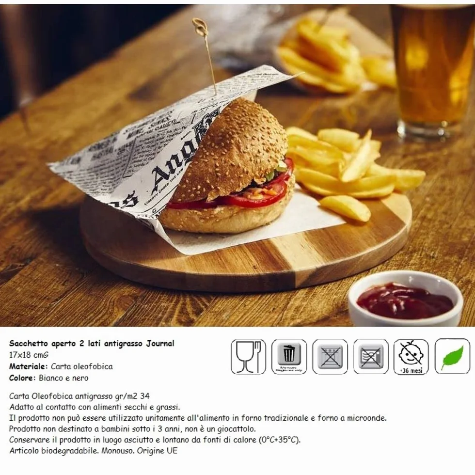 MAQA 500 pz Sacchetti panini in carta antigrasso 17x18 cm, sacchetto toast aperto in 2 lati, sacchetto take away panini motivo giornale