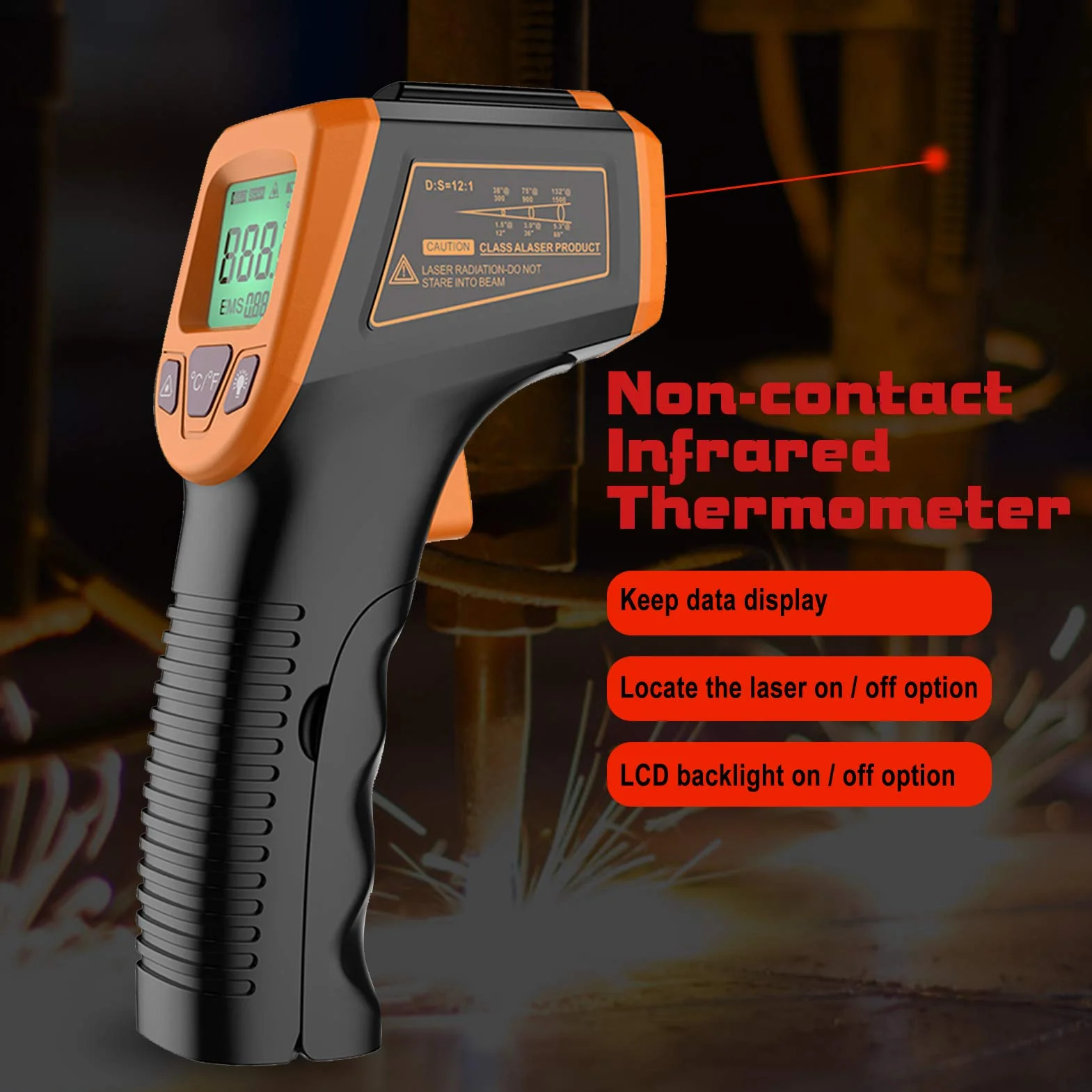 Termometro a infrarossi contatto zero digitale portatile con display LCD retroilluminato Emissività regolabile Gamma di temperature ampia Alta precisione per uso industriale