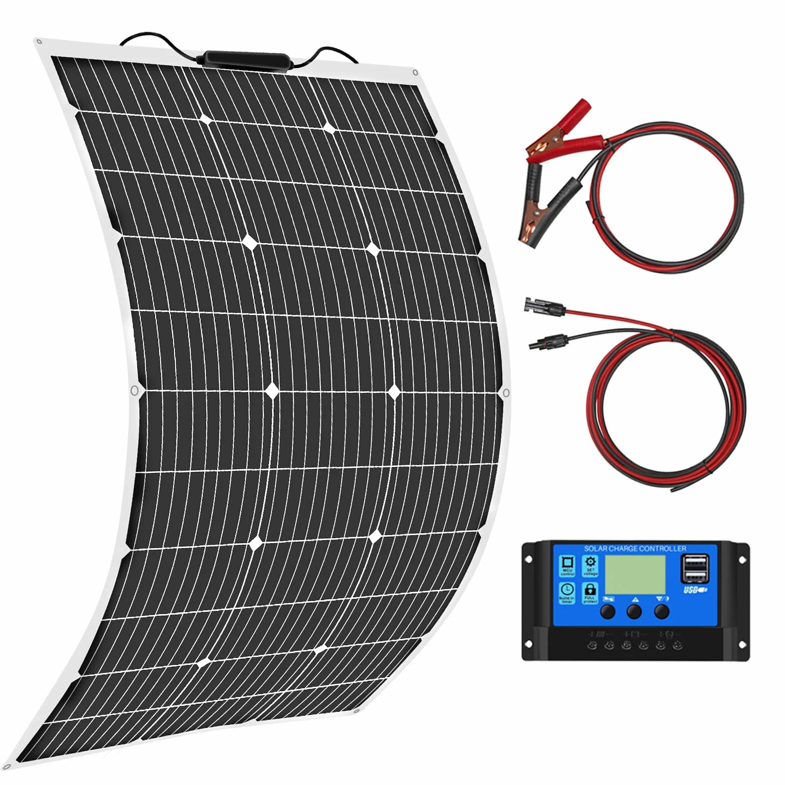 100W 12V Pannello Solare flessibile kit Monocristallino Pannello Fotovoltaico con 10A Regolatore solare per RV, camper,auto, barca, roulotte,famiglia, batteria 12V