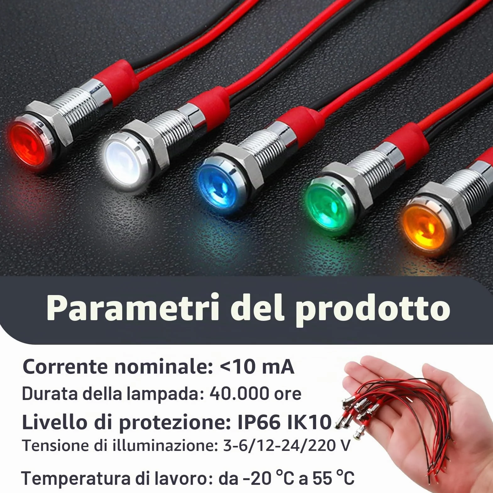 10 Pezzi Indicatore LED 6mm 12V-24V, Spia Luminoso Pannello LED Impermeabile 6mm Precablato per Auto, AC/DC 12-24V, Spia Luminosa con Luce Rossa, Gialla, Blu, Verde e Bianca, Classe Energetica A+++
