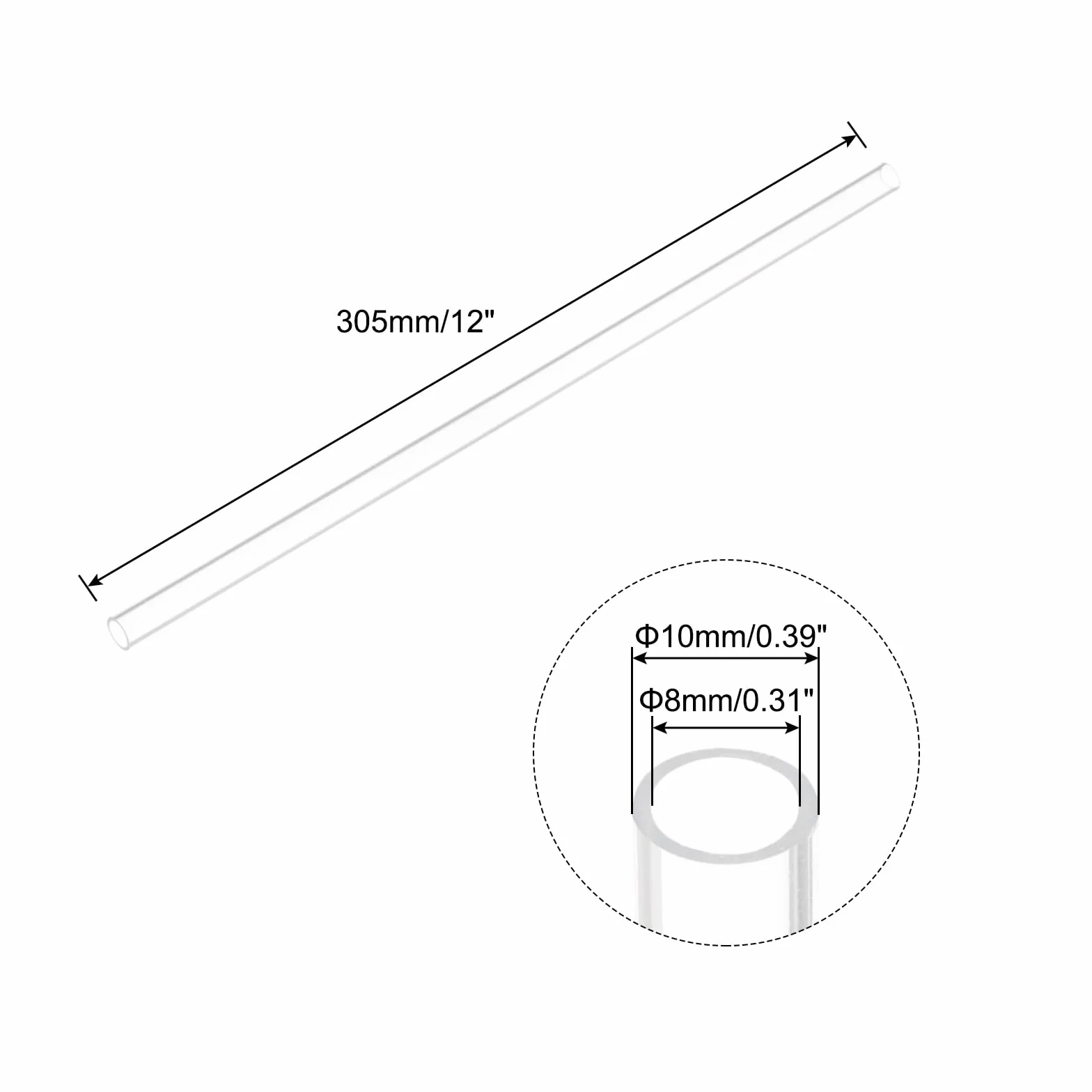 Tubo Tondo Rigido in Acrilico Trasparente 8mm ID 10mm OD 12"