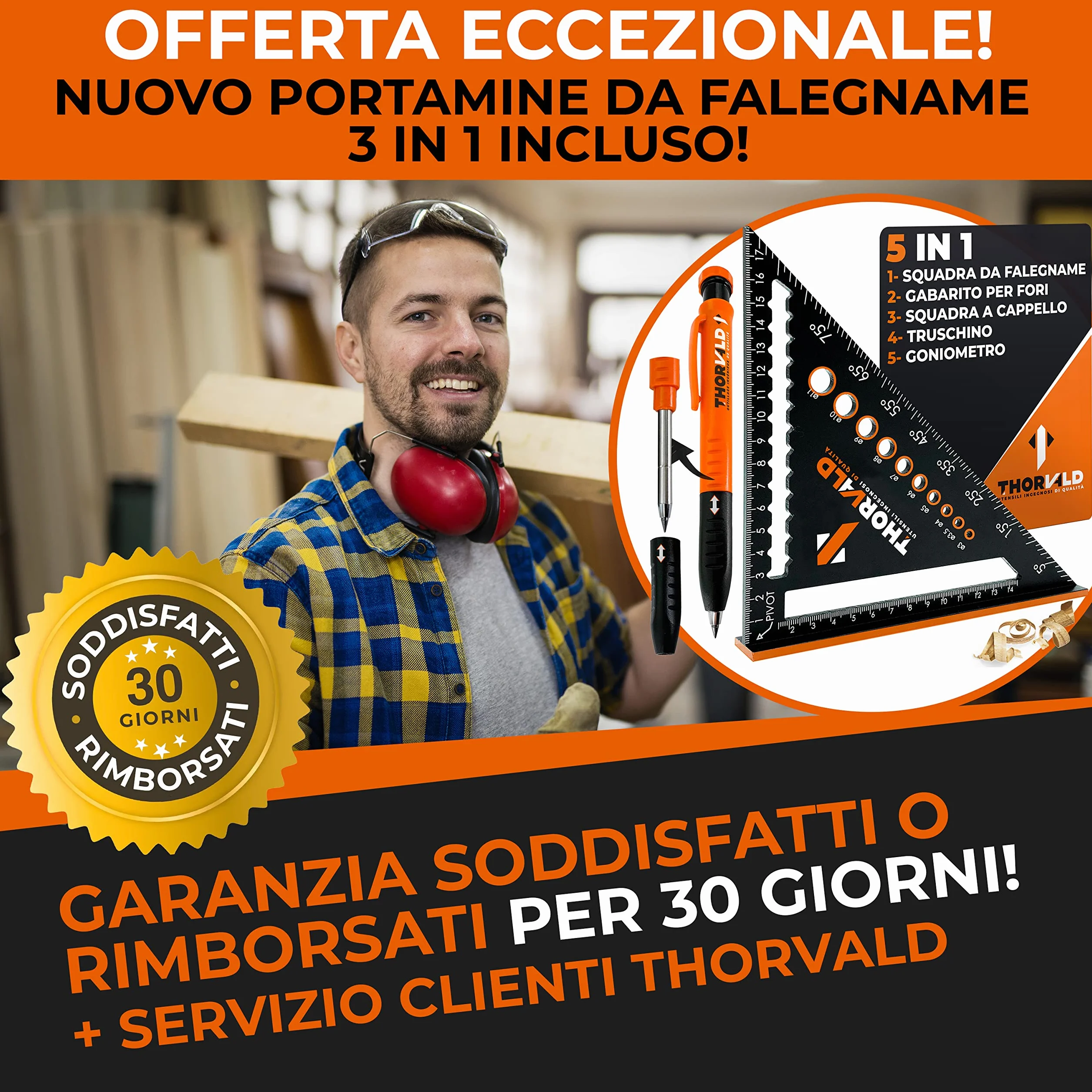 THORVALD Squadra da Falegname Multifunzione 180 mm Goniometro Angoli 45-90° Righello Trusquino