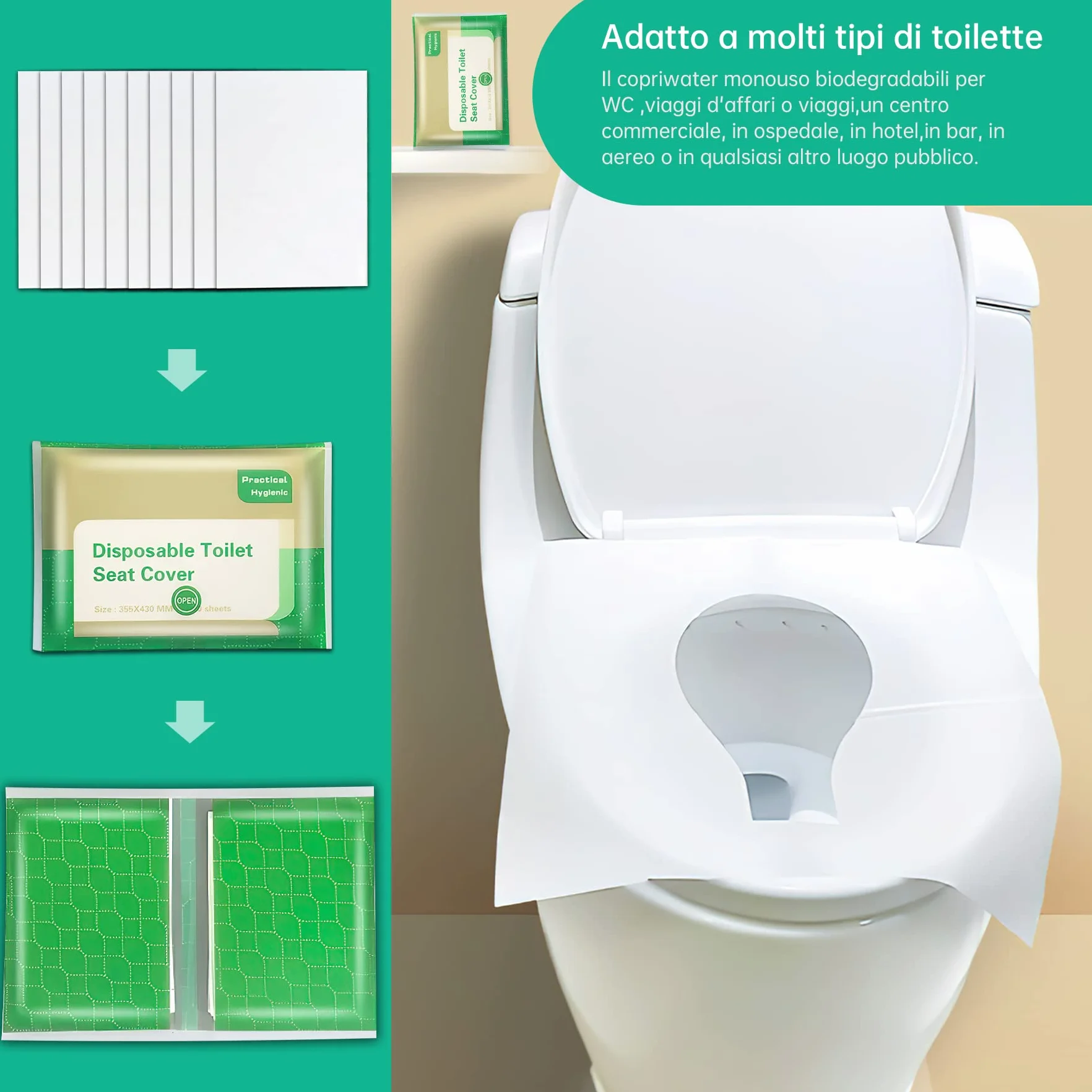 Coprisedili WC Carta 6 Confezioni 60 Pezzi Copriwater Usa e Getta Biodegradabili per Bambini e Adulti