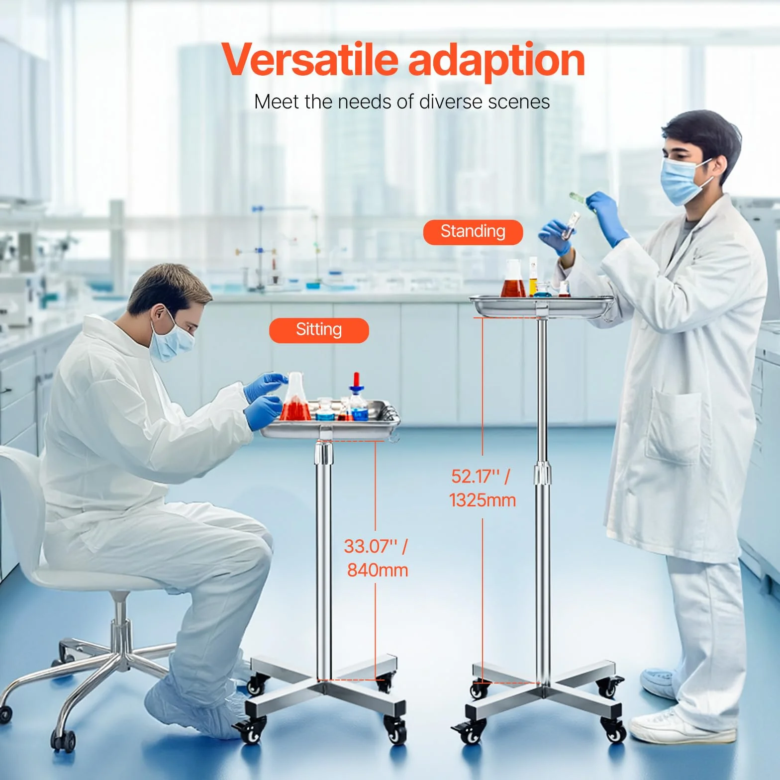 VEVOR Carrello da Laboratorio in Acciaio Inox, Regolabile in Altezza 84-132,5 cm, Carico 16kg
