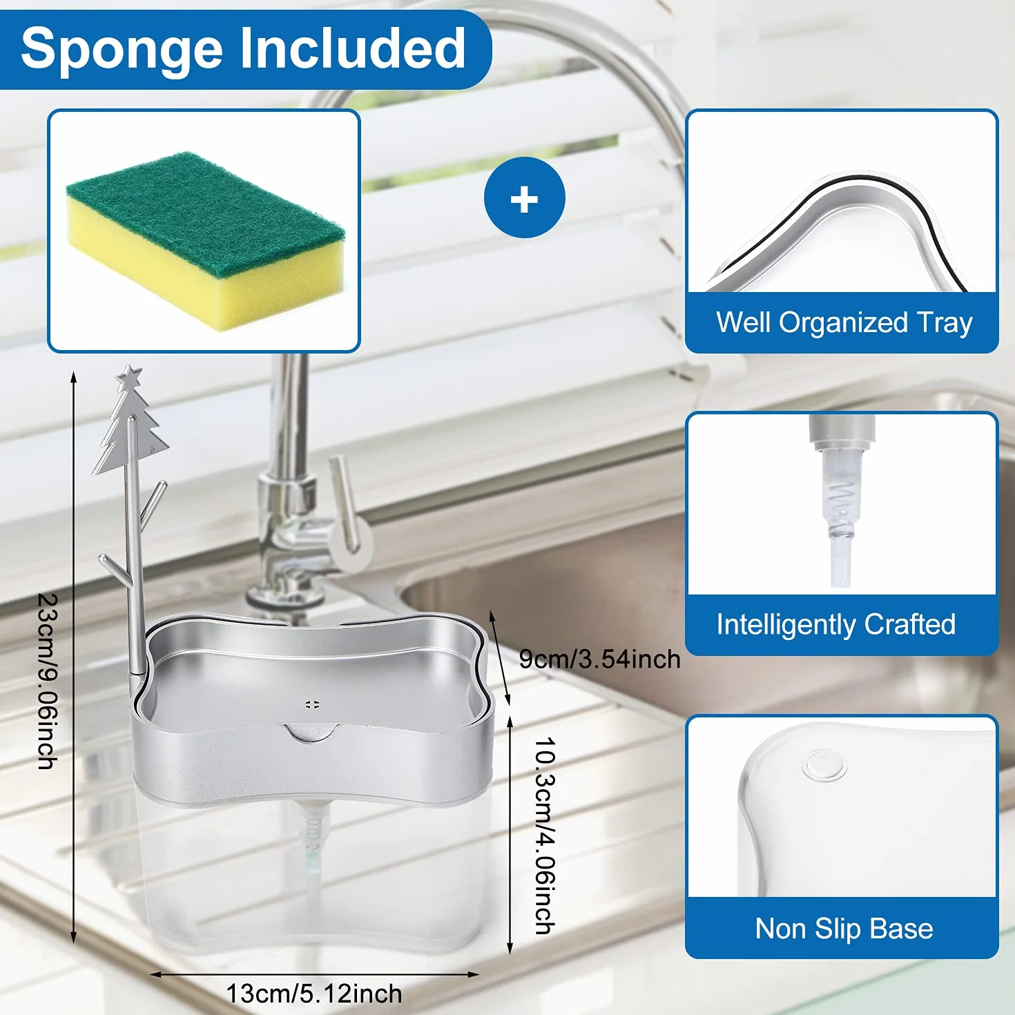Albayrak Dispenser Sapone Liquido Manuale e Detersivo con Contenitore Spugna Piatti, Distributore Portasapone e Portaspugna per Lavello Cucina & Casa