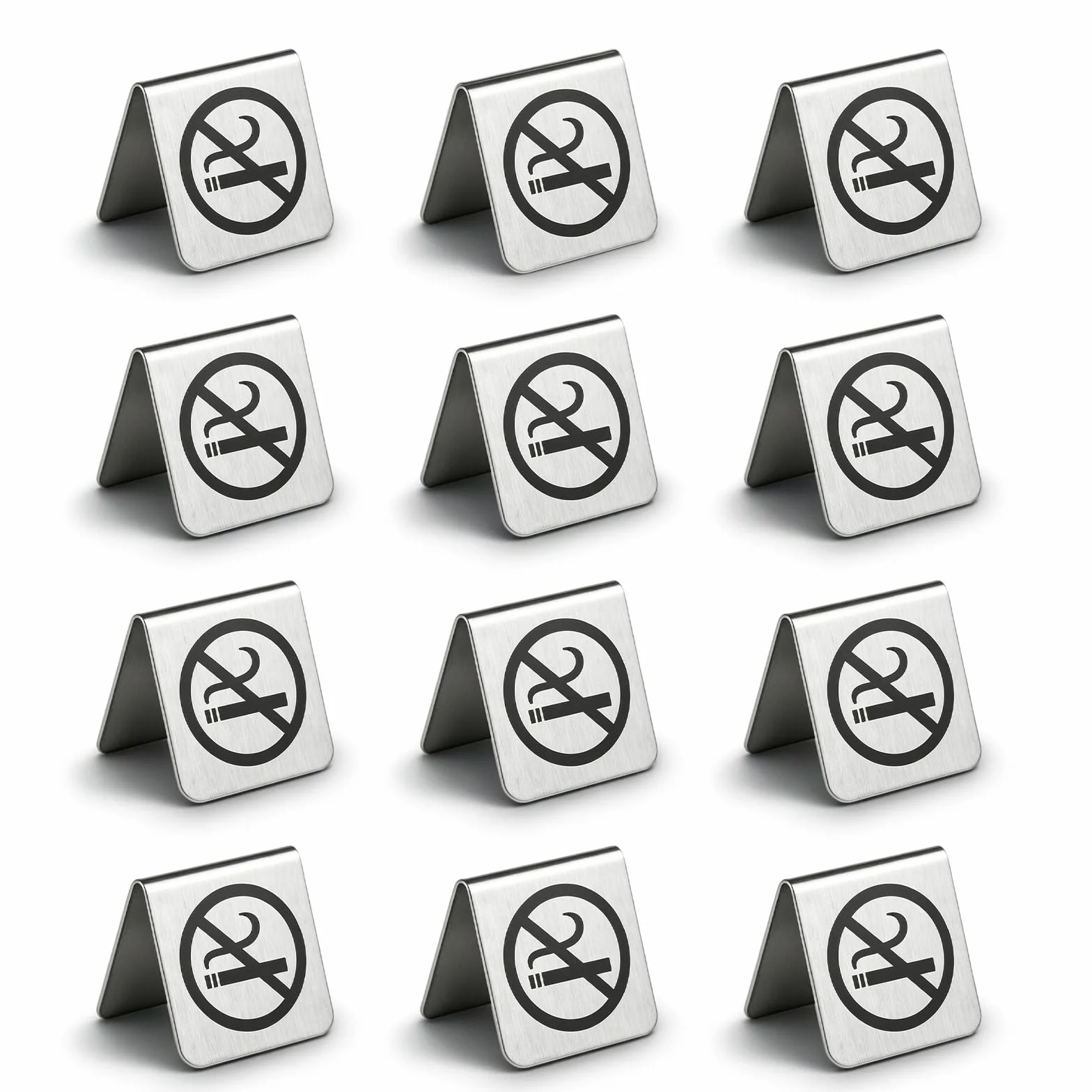 12 cartelli bifacciali vietati fumare, in acciaio inox, con logo trasparente, per bar, club, camere, negozi, ristoranti, hotel (5 x 5 x 5 cm)