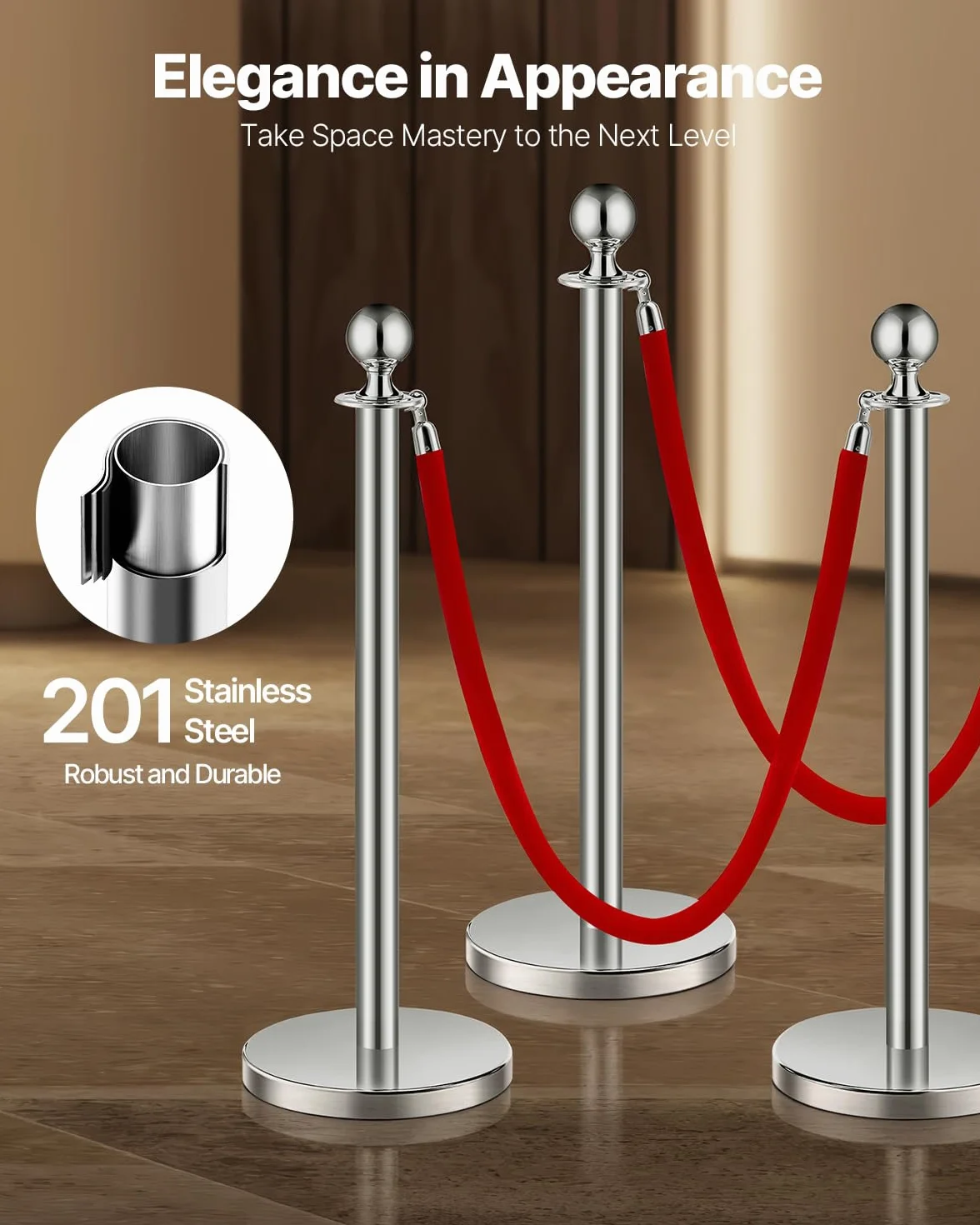 VEVOR Paletto di Sostegno Set di 4 Barriere Controllo Folla Corde Velluto Rosso Acciaio Inox 1,5 m Base Cava