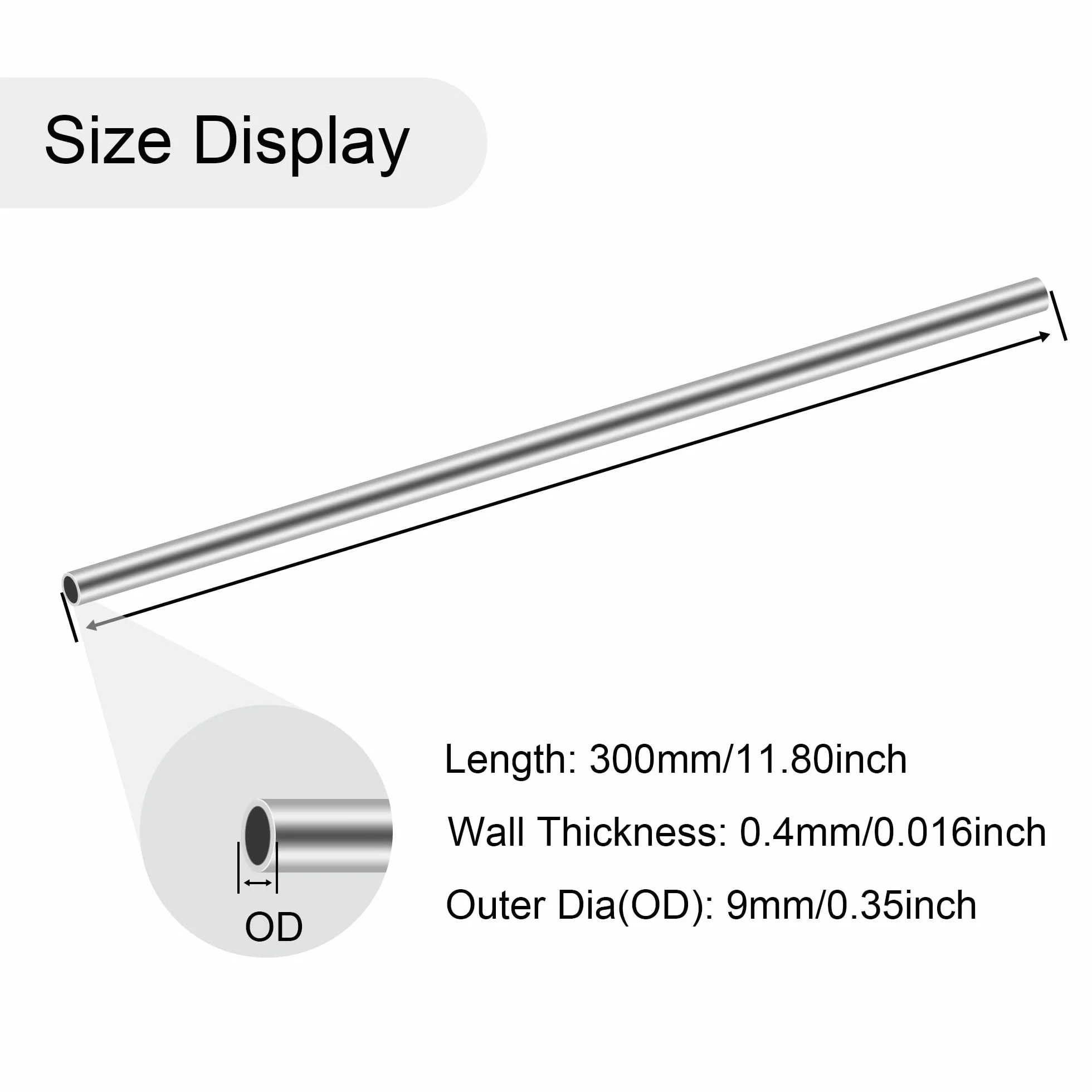 Tubo in acciaio inossidabile 304 300 mm 9 mm x 0,4 mm senza cuciture 4 pezzi