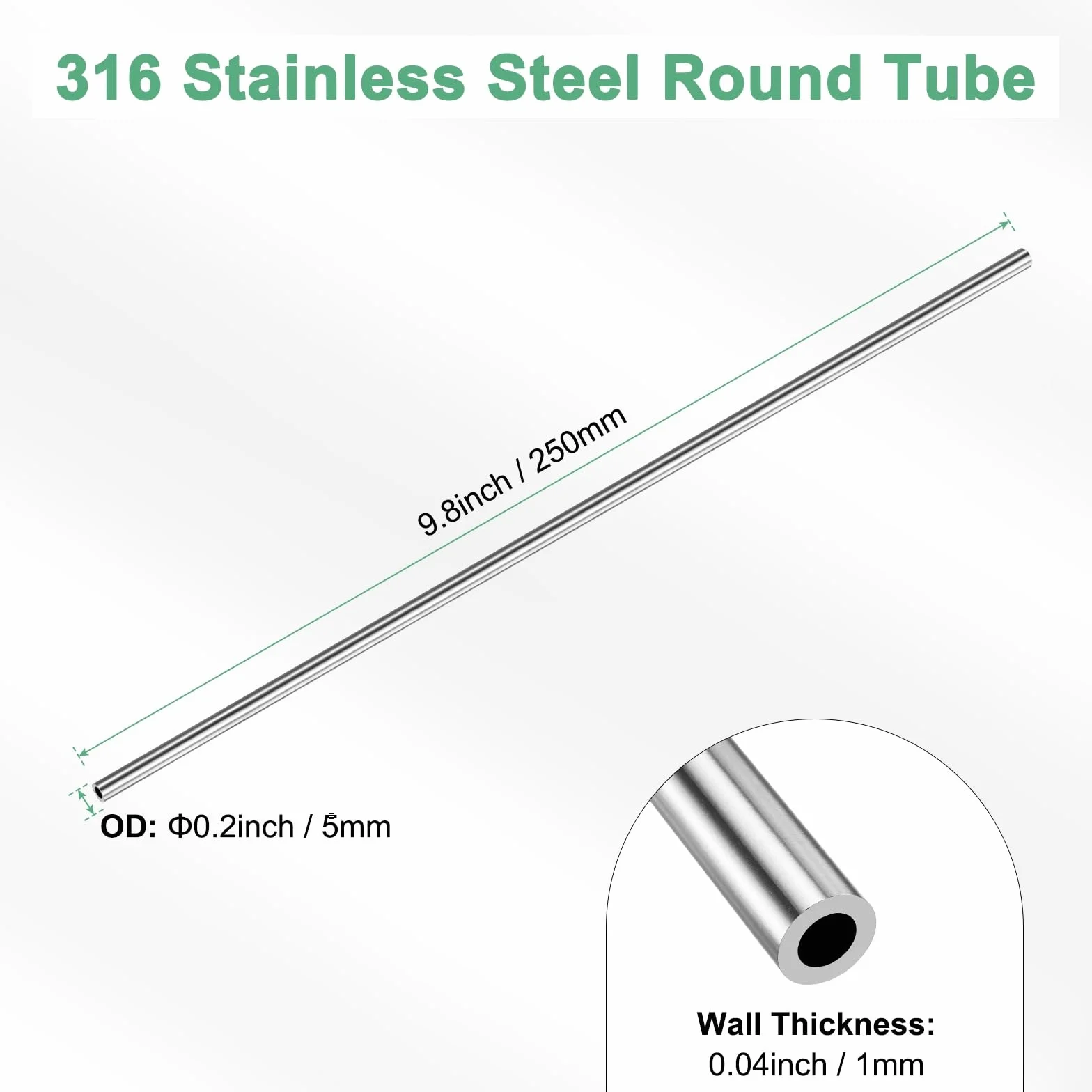 M METERXITY 1 Pcs 250mm Tubo In Acciaio Inossidabile 316, 5mm Diametro Esterno 1mm Spessore Parete Tubo In Acciaio Inossidabile Senza Saldature [0.2x0.04x9.8IN]