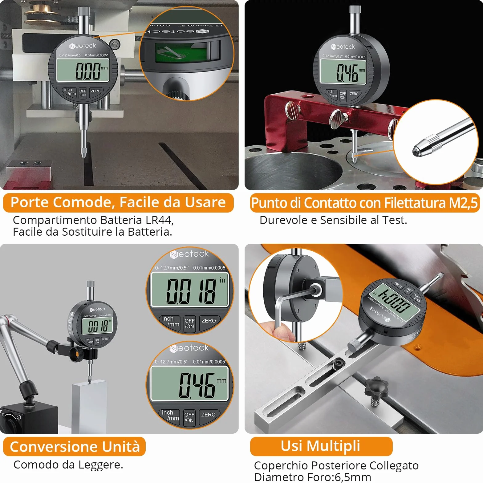 Neoteck Comparatore Centesimale Digitale 0.01mm Precisione con LCD Display Calibro Indicatore di Quadrante Professionale 0-12.7mm/0.5" Commutazione mm/inch per Meccanici Officina Laboratorio