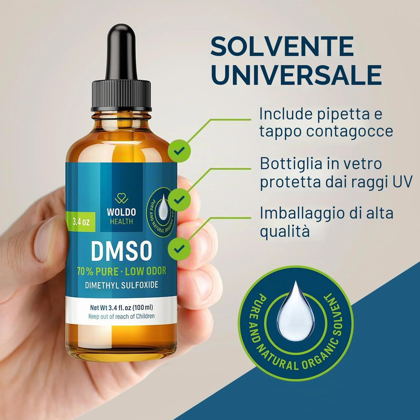 DMSO 70% con acqua demineralizzata 30% - Dimetilsolfossido qualità farmaceutica 100 ml con pipetta e tappo contagocce