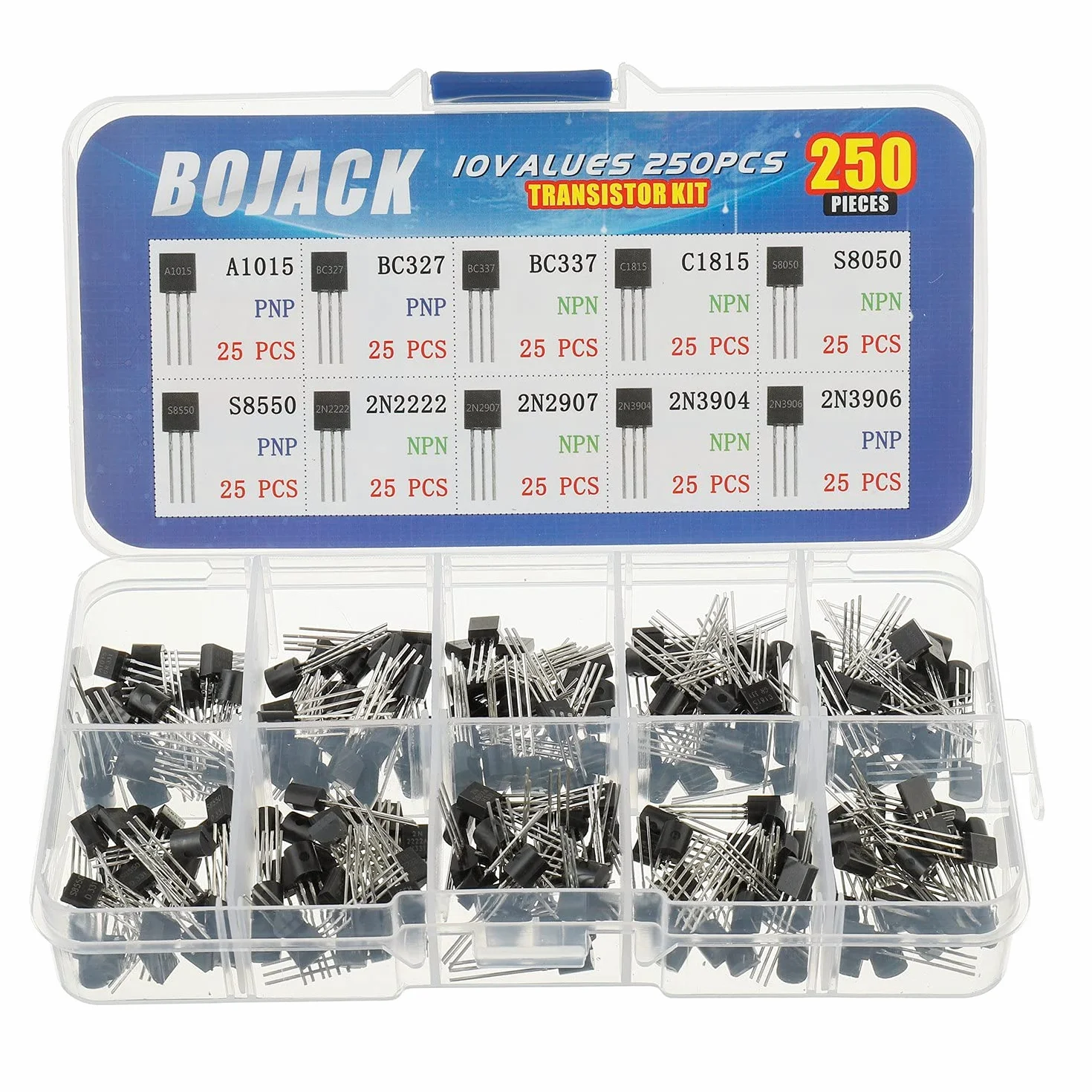 Bojack Kit di transistor di potenza assortiti 250 pezzi 10 Valori PNP NPN A1015 BC327 BC337 C1815 S8050 S8550 2N2222 2N2907 2N3904 2N3906