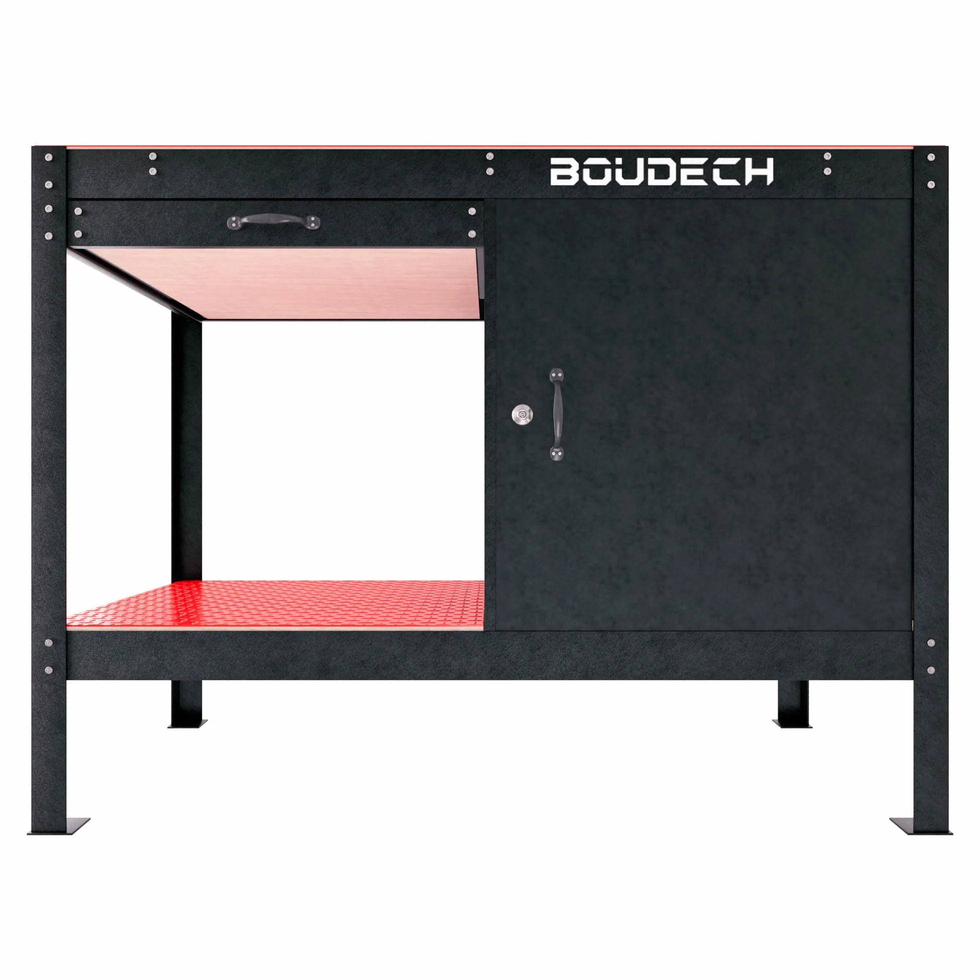 BOUDECH® MANNY - Banco da Lavoro 120x60 cm con Cassetto Porta Utensili 1 Anta e 1 Ripiano Aperto in Metallo Nero