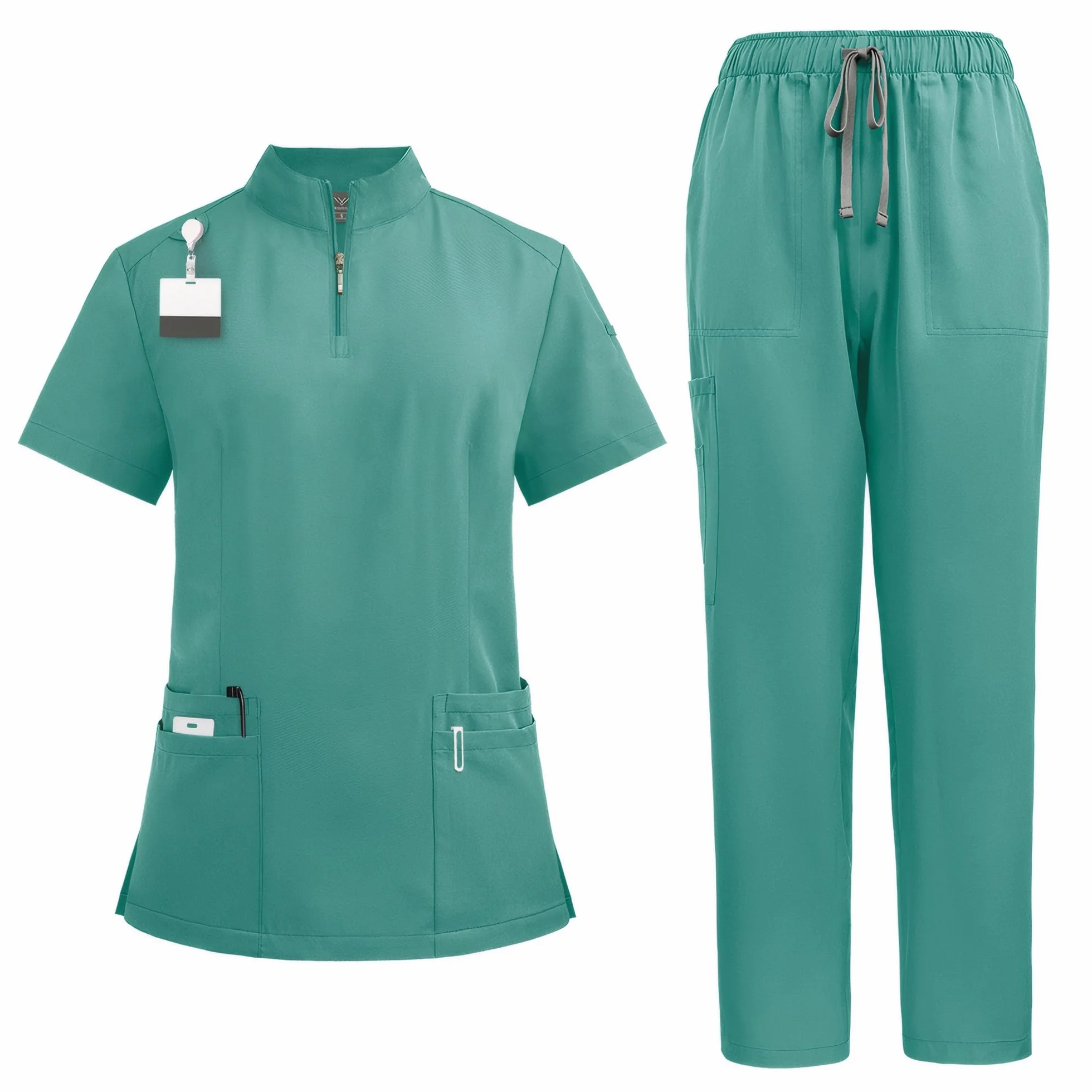 Unisex Scrub Medico Set DK50 Poliestere Cerniera Collo Top Pantaloni Elasticizzati 4 Tasche Traspirante
