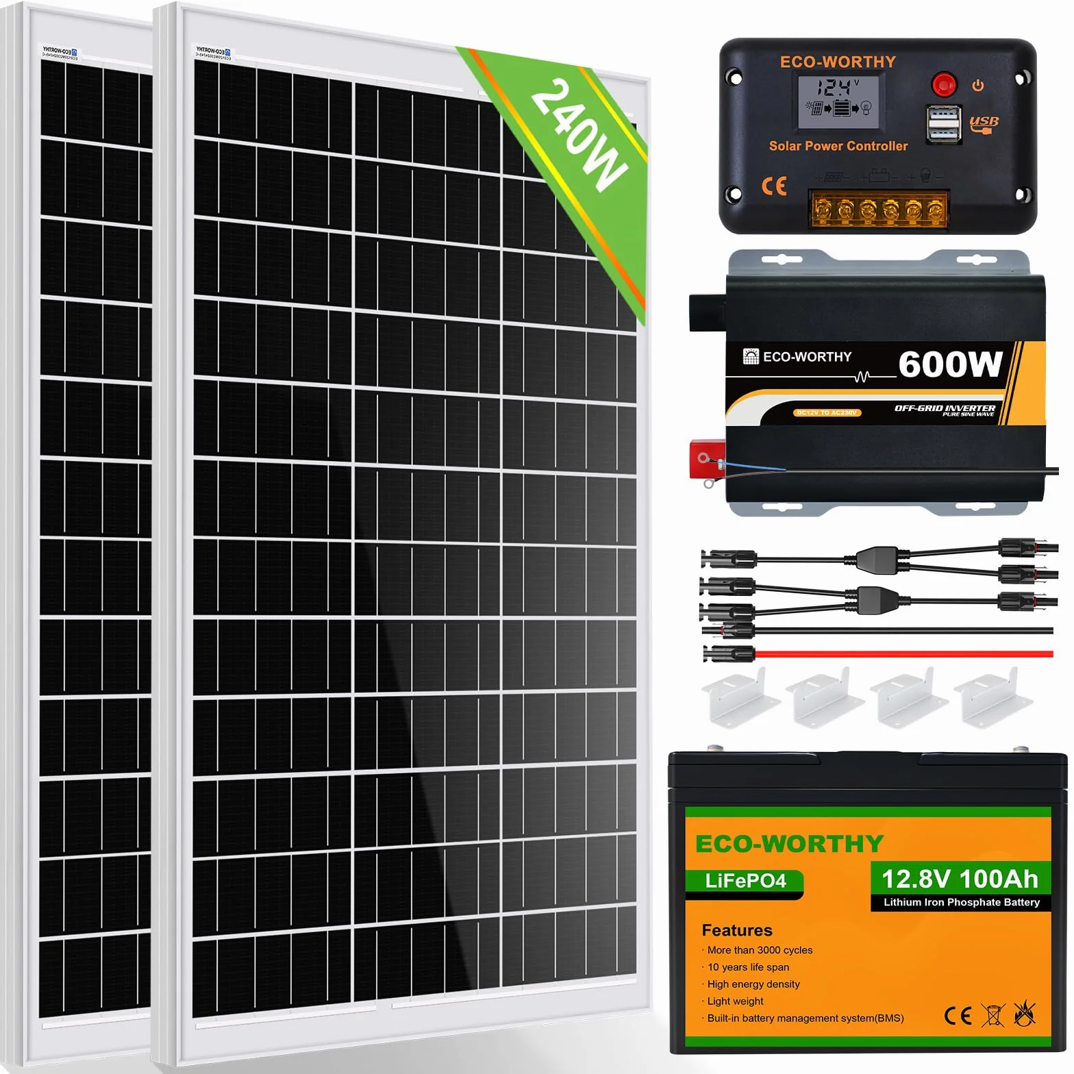 ECO-WORTHY 240W 12V Pannello Solare Kit Completo per Sistemi Solare Off-grid:2 Pannelli Solari 120W+Regolatore di Carica 30A+Inverter Onda Pura 600W+Batteria Litio 12V 100Ah