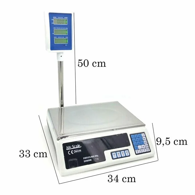 Bilancia Elettronica Digitale da Banco 40 kg 200 gr, Sensibilità 2 gr, Display LCD, Funzione Tara, Piatto Acciaio
