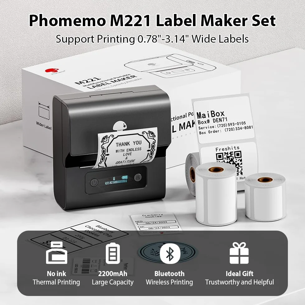 Phomemo M221 Etichettatrice Portatile - Stampante Codice a Barre, Stampante Etichette Adesive Termica con PC IOS Android, per Indirizzi, Codici a Barre, Casa, Ufficio,con 3 Rotoli di Etichette(Grigio)