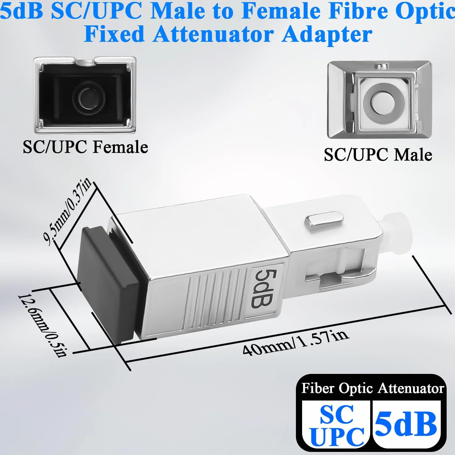 QIANRENON SC/UPC Attenuatore fisso in fibra ottica connettore 5dB SC maschio a femmina Singlemode Fibre Ottiche Fixed Attenuator Adattatore, Valore di attenuazione 5dB ± 0,5, per reti in fibra ottica