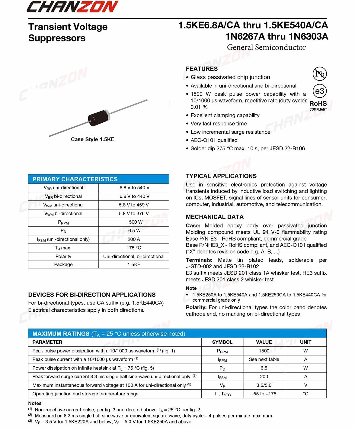 Chanzon Diodi TVS 1.5KE30CA 1500W 30V DO-201AD Canale bidirezionale 1500 Watt 30 Volt